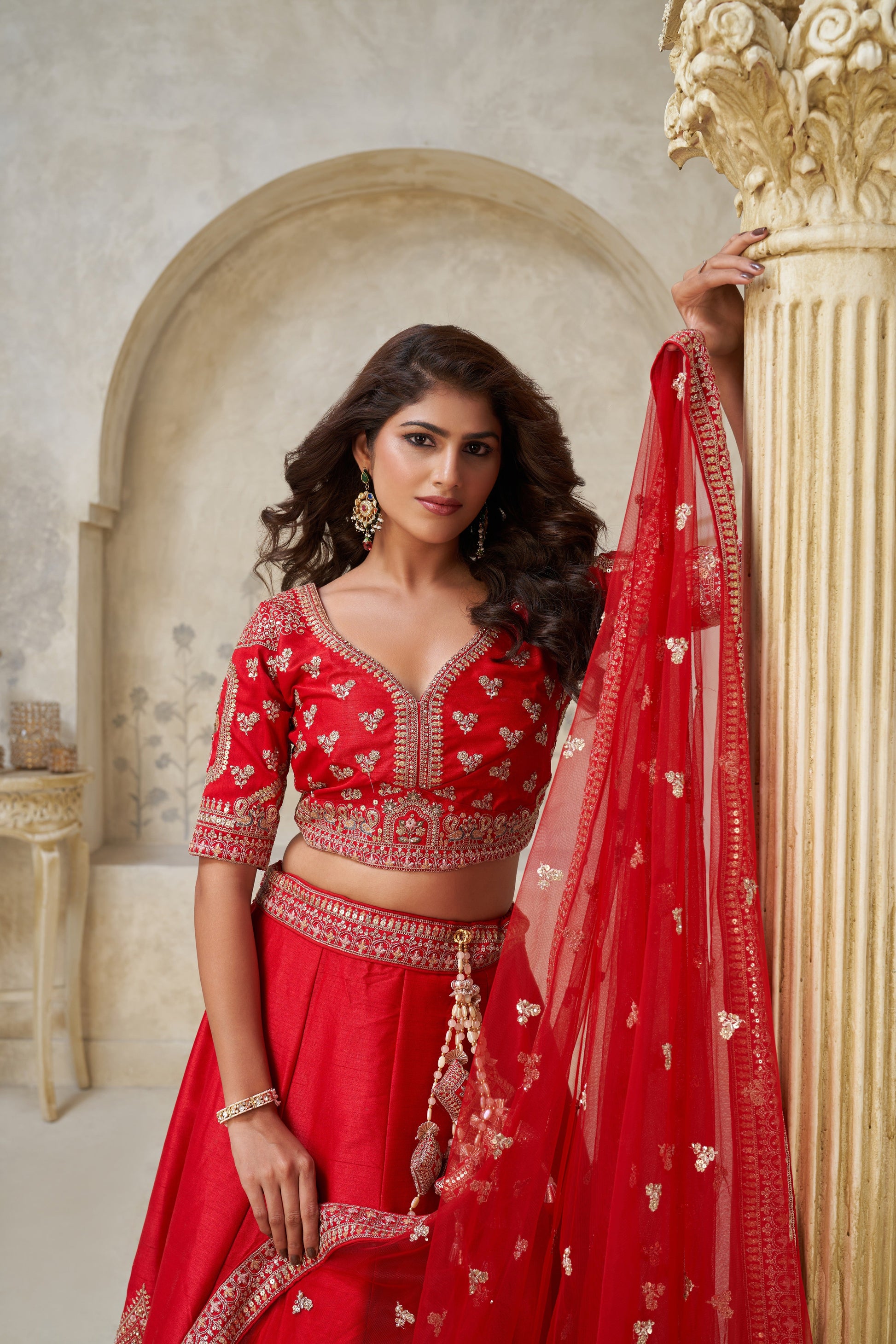 RED WEDDING RAW SILK LEHENGA WITH ELEGANT LEAF EMBROIDERY