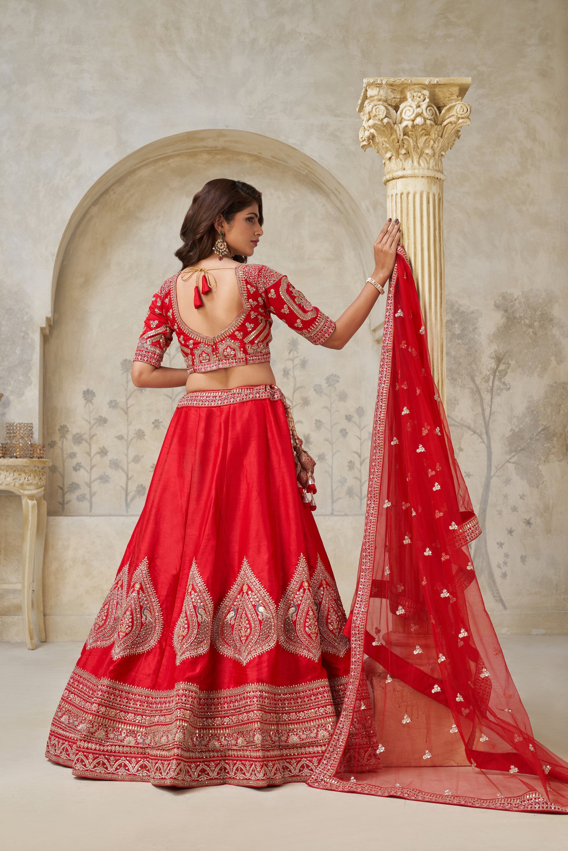 RED WEDDING RAW SILK LEHENGA WITH ELEGANT LEAF EMBROIDERY