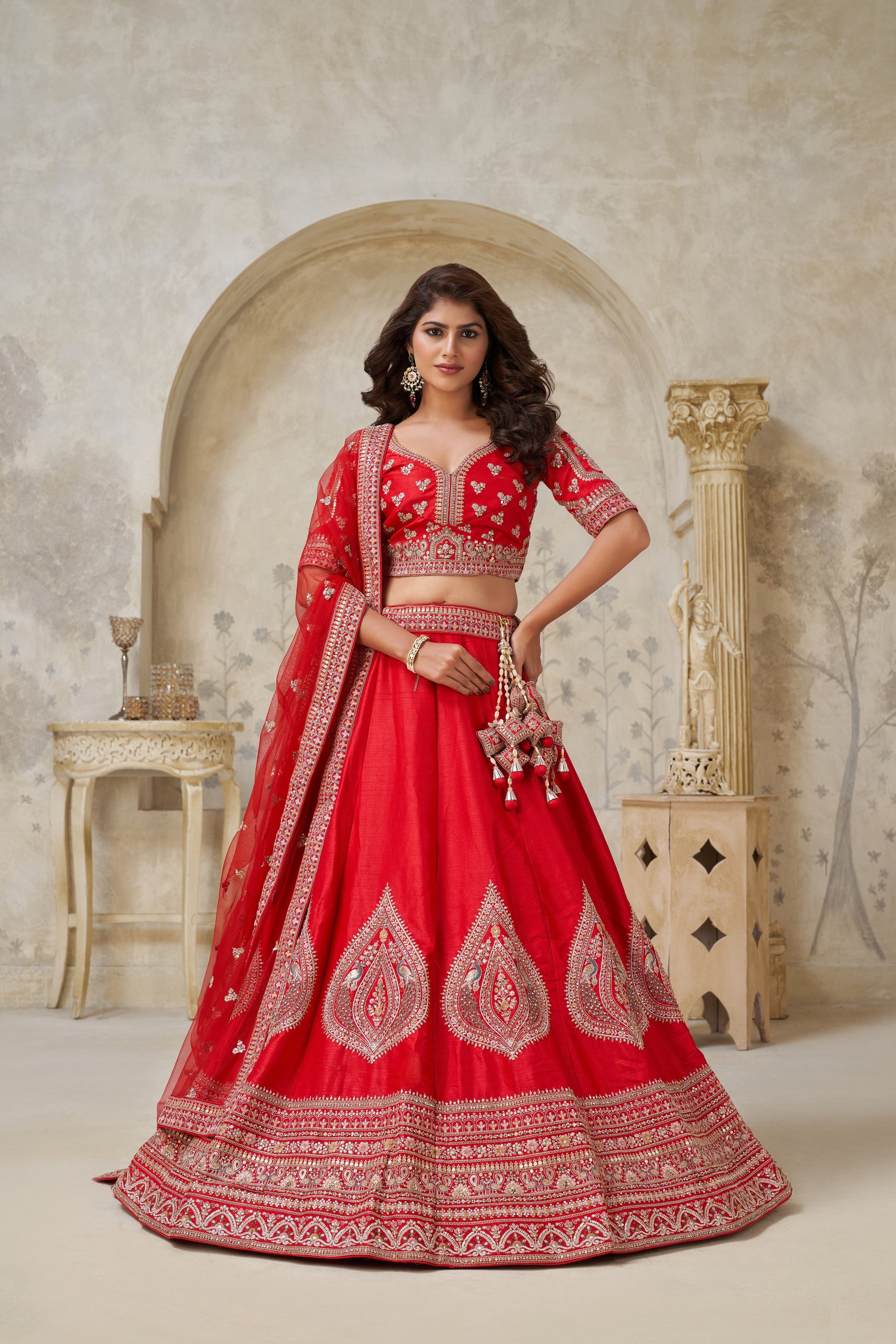 RED WEDDING RAW SILK LEHENGA WITH ELEGANT LEAF EMBROIDERY