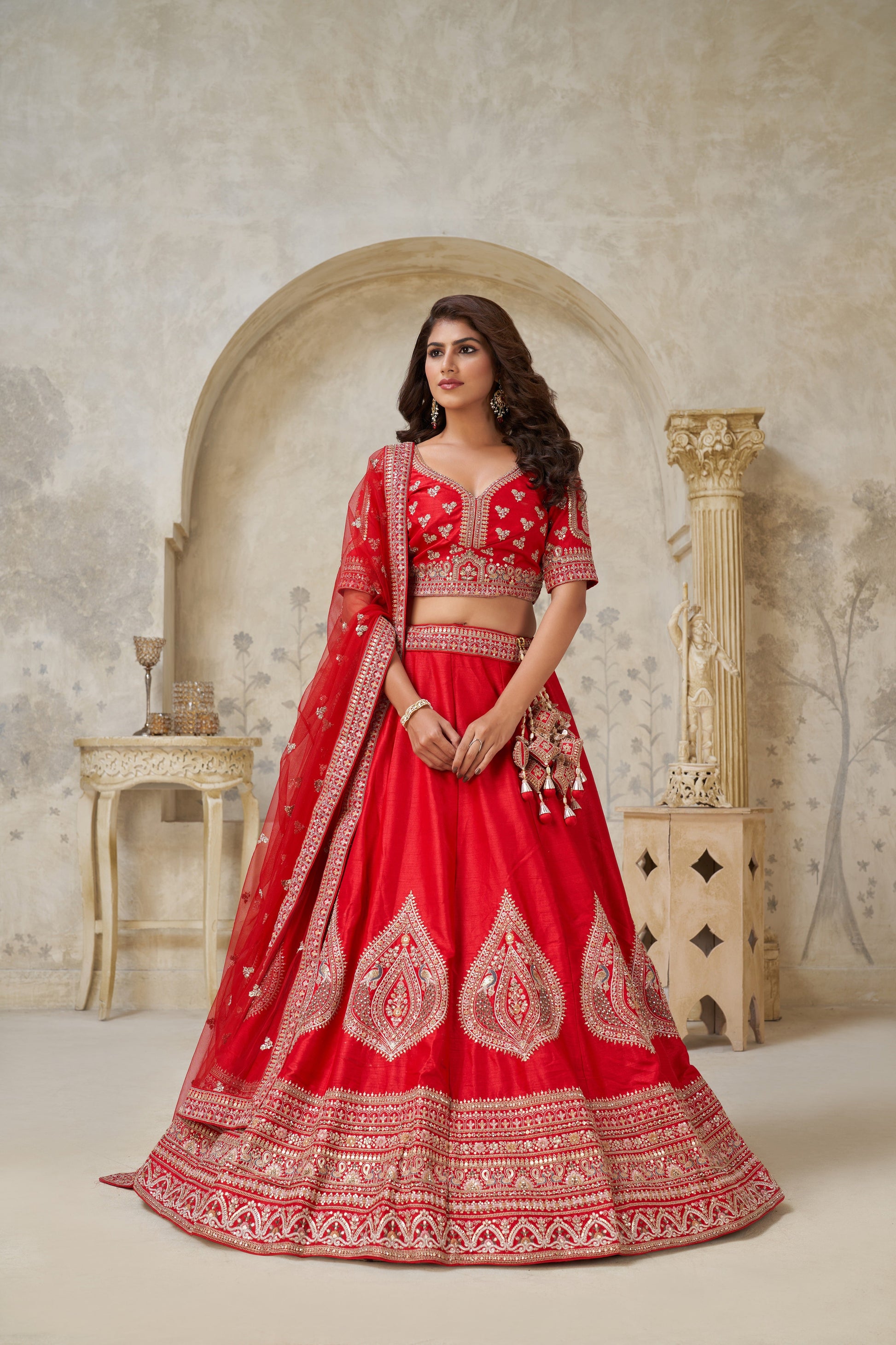 RED WEDDING RAW SILK LEHENGA WITH ELEGANT LEAF EMBROIDERY