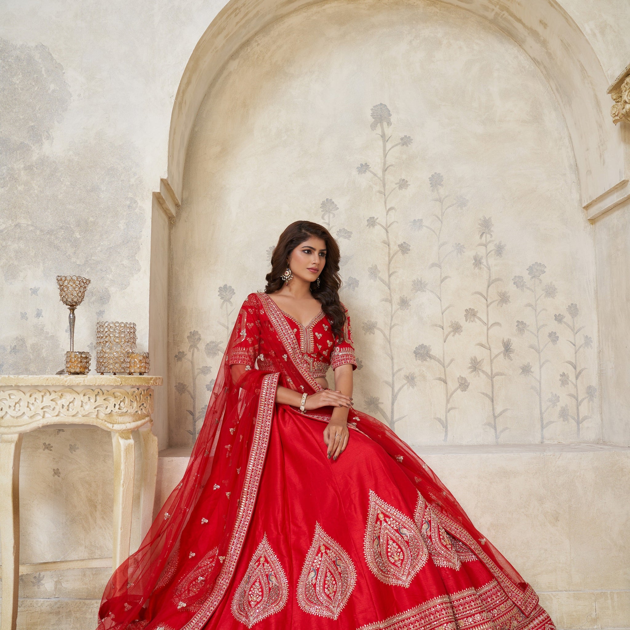 RED WEDDING RAW SILK LEHENGA WITH ELEGANT LEAF EMBROIDERY