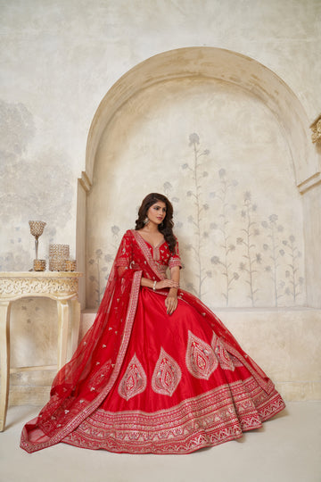 RED WEDDING RAW SILK LEHENGA WITH ELEGANT LEAF EMBROIDERY