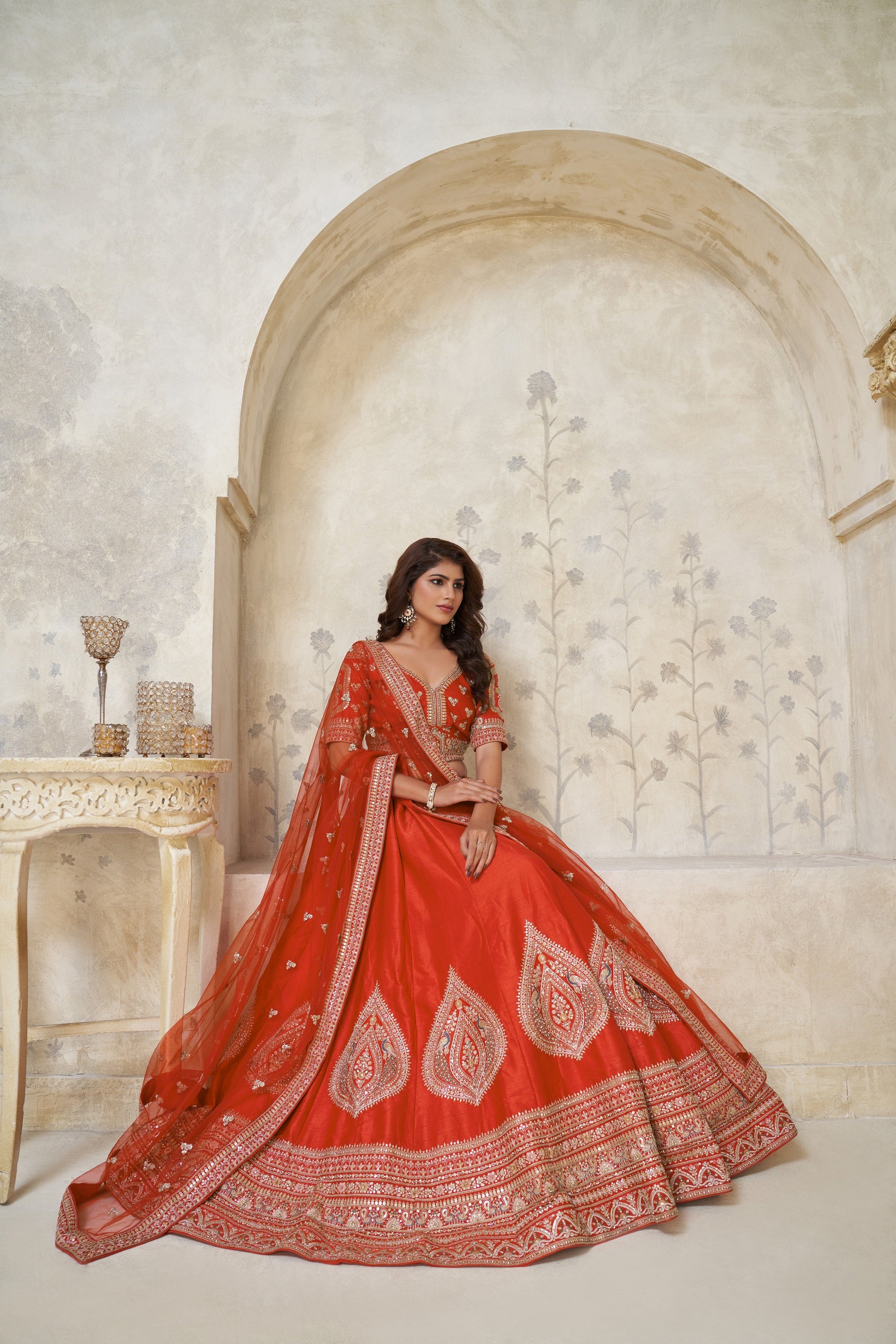 PREMIUM RUST LEHENGA WITH ELEGANT LEAF MOTIF WORK