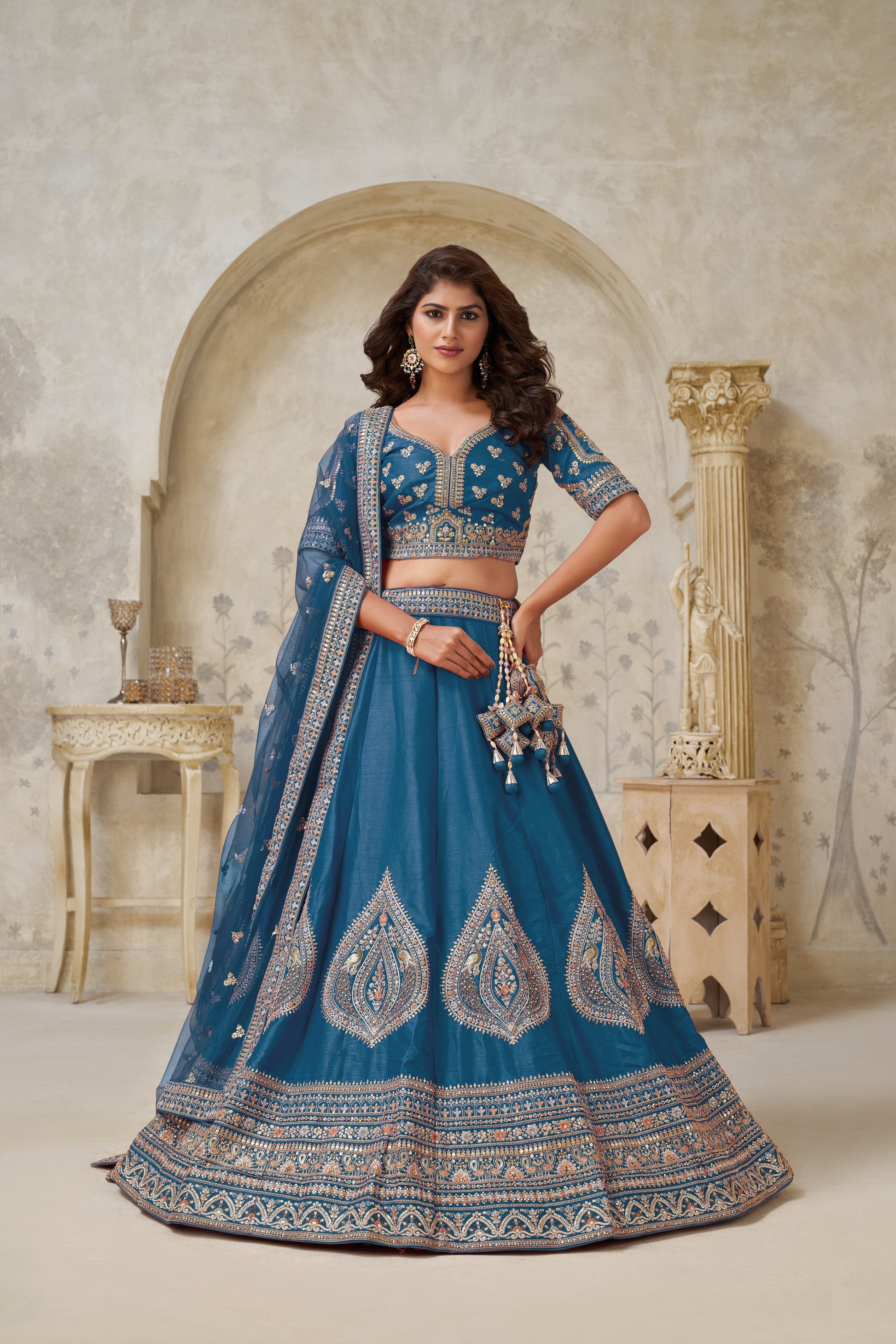 TEAL BLUE ELEGANT WEDDING LEHENGA WITH INTRICATE ZARI WORK