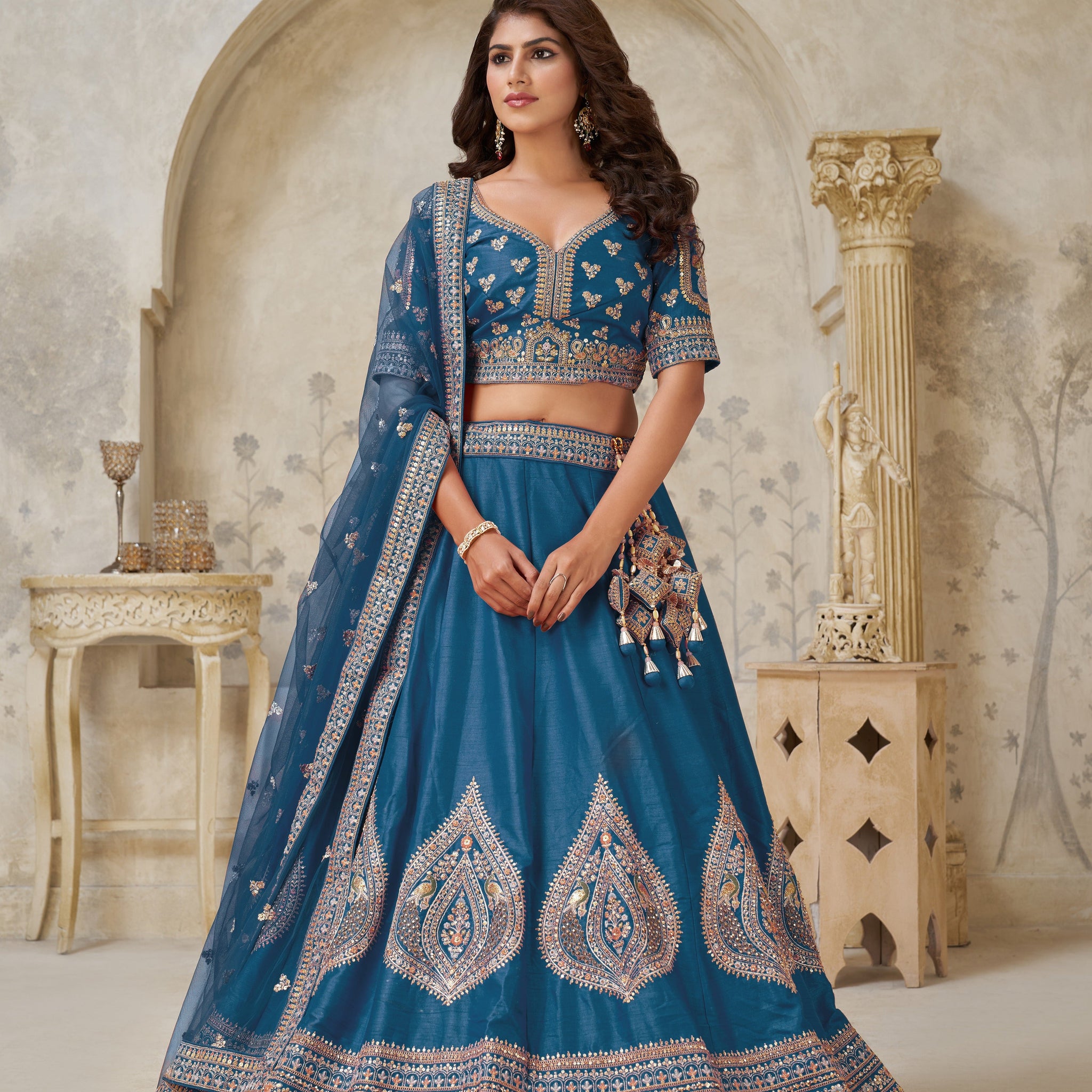 TEAL BLUE ELEGANT WEDDING LEHENGA WITH INTRICATE ZARI WORK