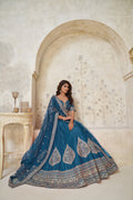 TEAL BLUE ELEGANT WEDDING LEHENGA WITH INTRICATE ZARI WORK