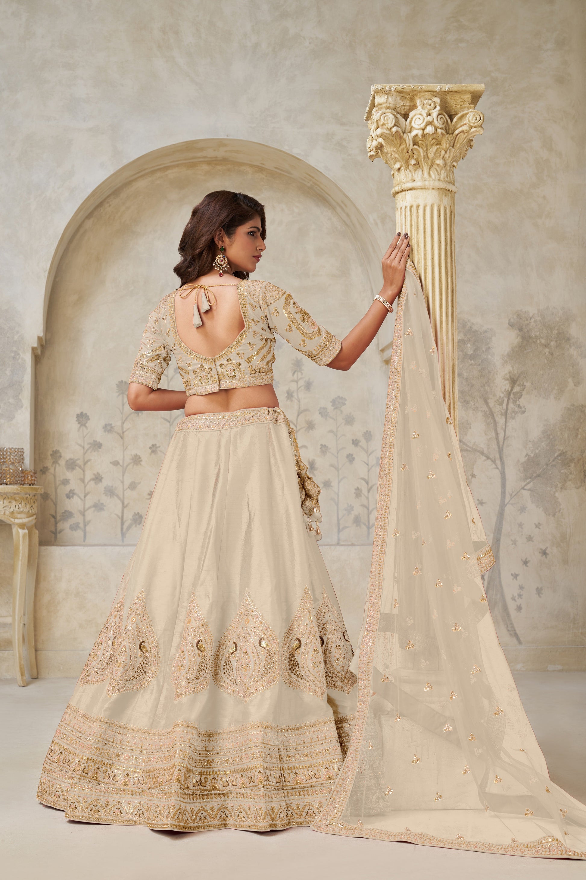 ELEGANT BEIGE IVORY WEDDING LEHENGA WITH INTRICATE LEAF EMBROIDERY