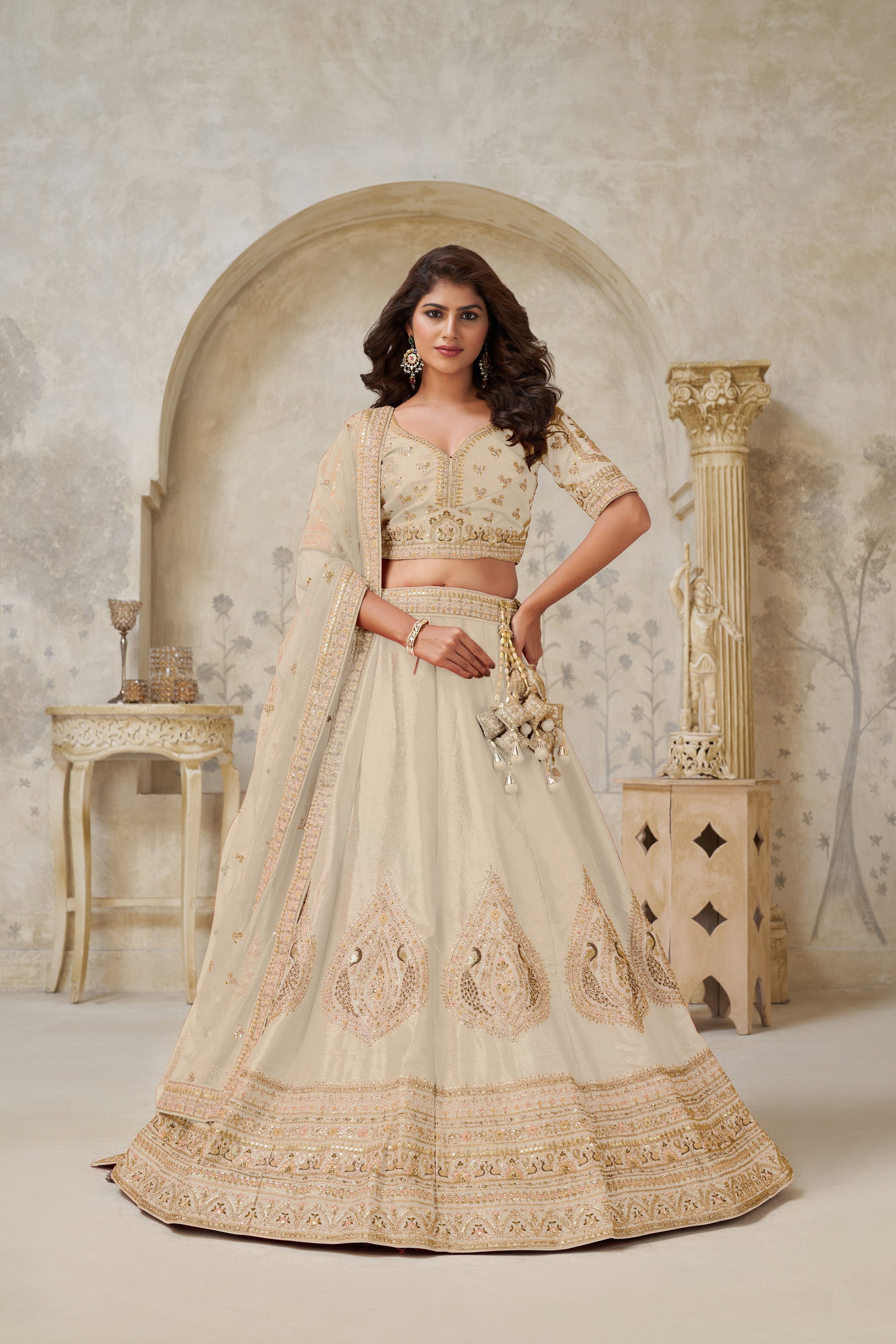 ELEGANT BEIGE IVORY WEDDING LEHENGA WITH INTRICATE LEAF EMBROIDERY