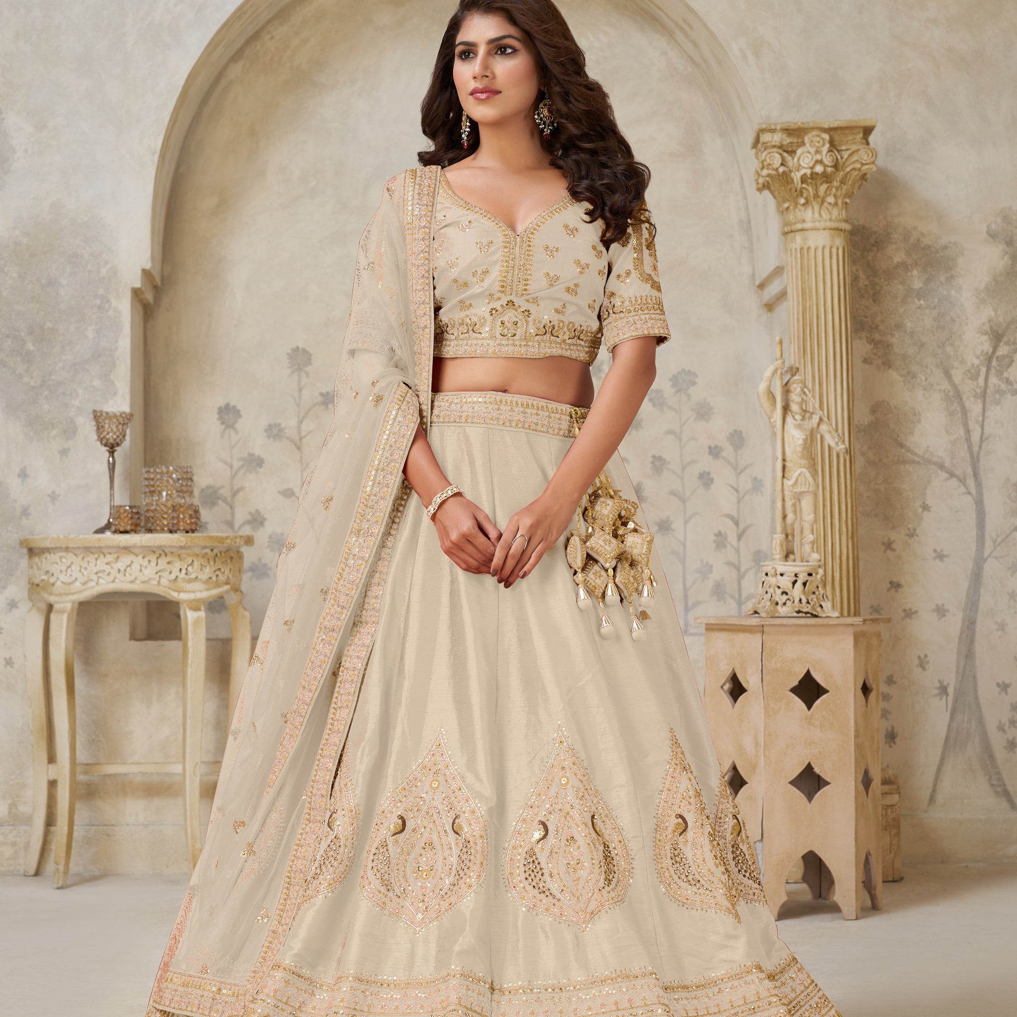 ELEGANT BEIGE IVORY WEDDING LEHENGA WITH INTRICATE LEAF EMBROIDERY