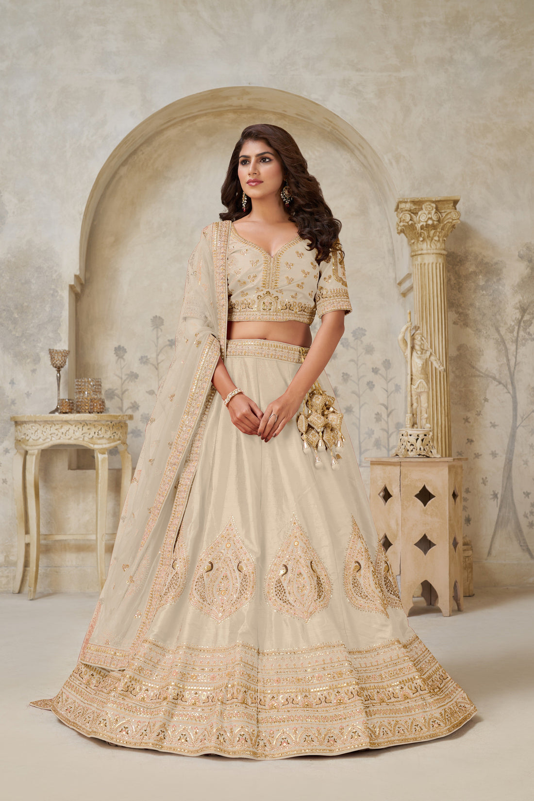 ELEGANT BEIGE IVORY WEDDING LEHENGA WITH INTRICATE LEAF EMBROIDERY