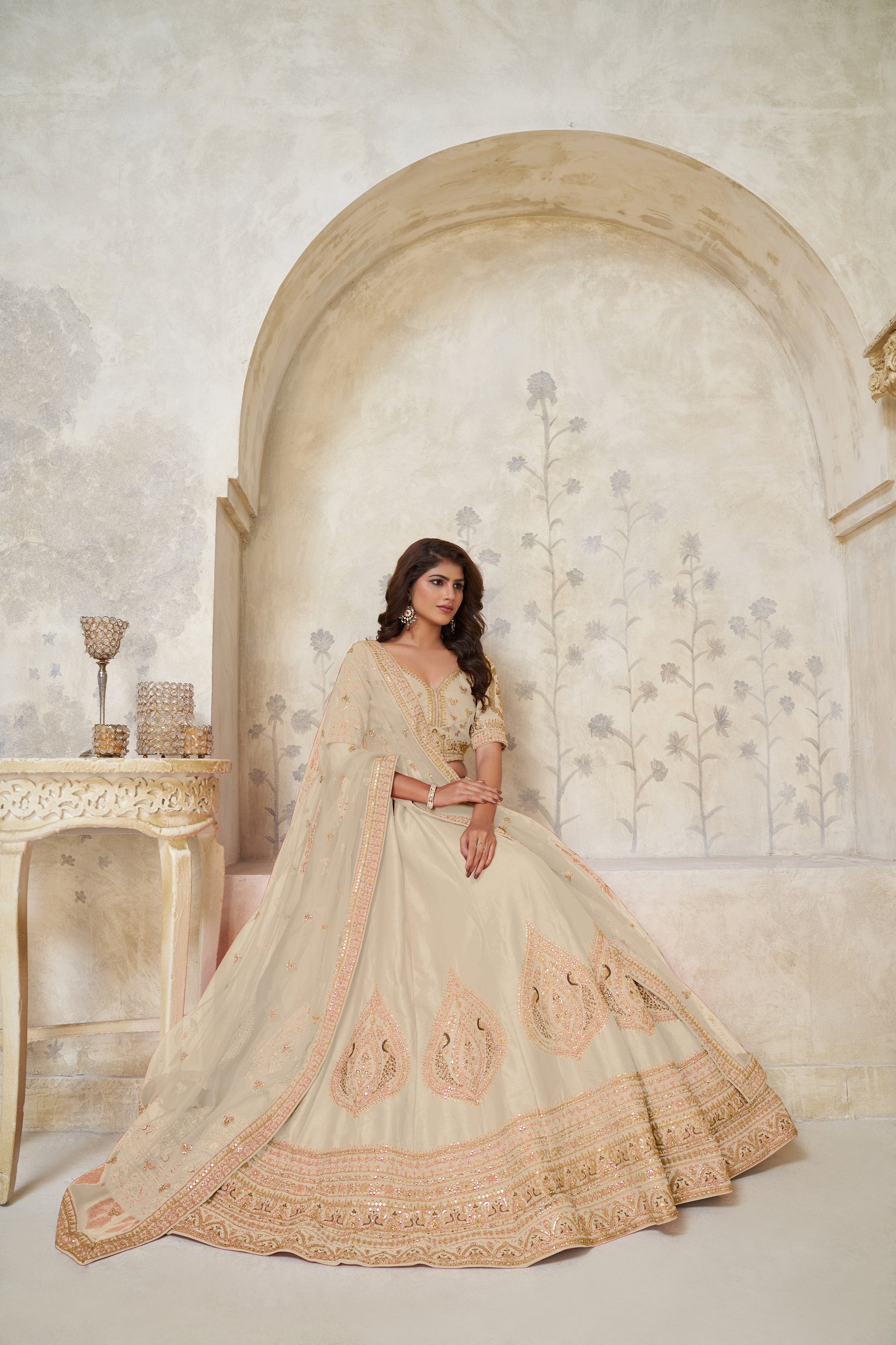 ELEGANT BEIGE IVORY WEDDING LEHENGA WITH INTRICATE LEAF EMBROIDERY