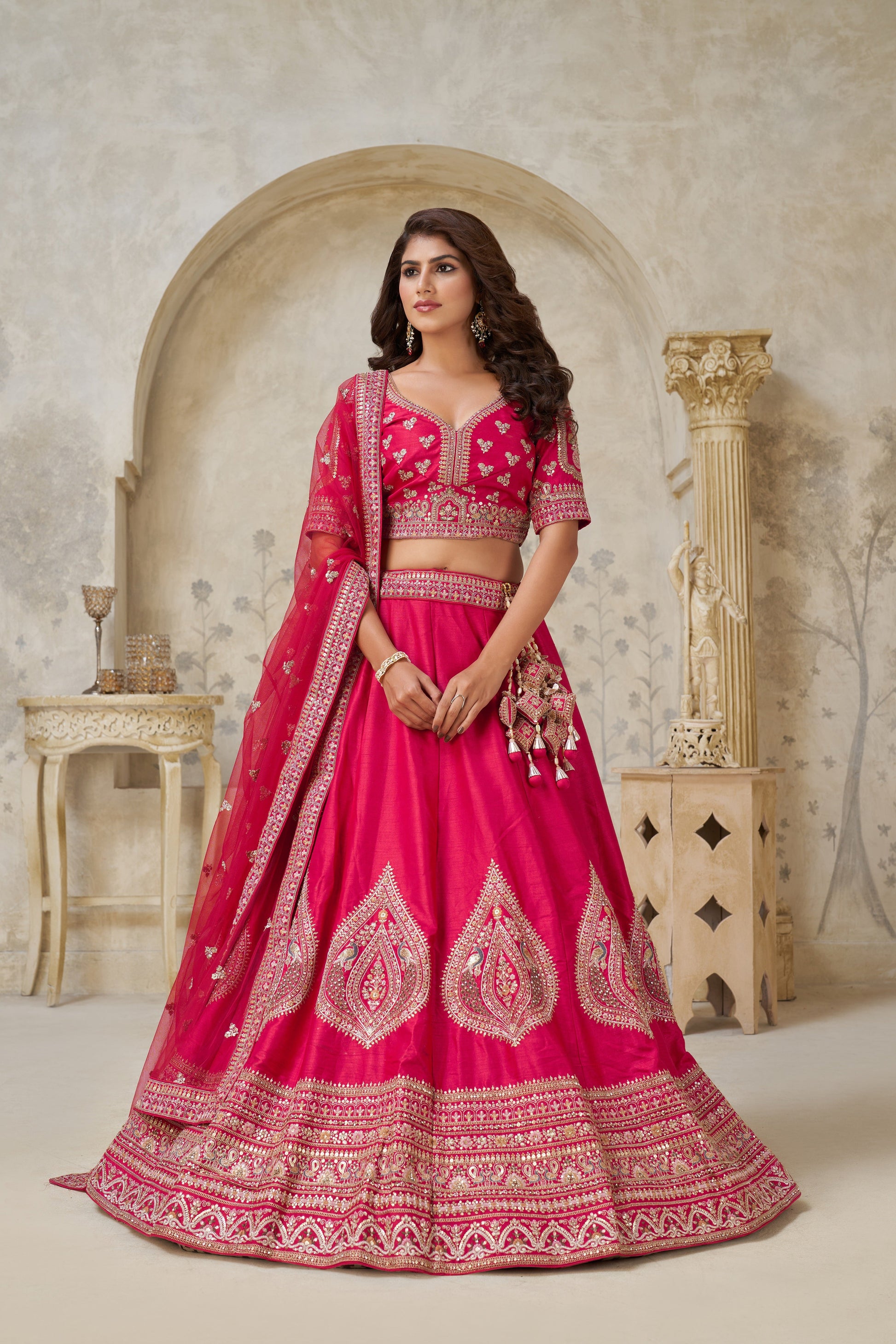 PINK WEDDING LEHENGA WITH INTRICATE LEAF EMBROIDERY