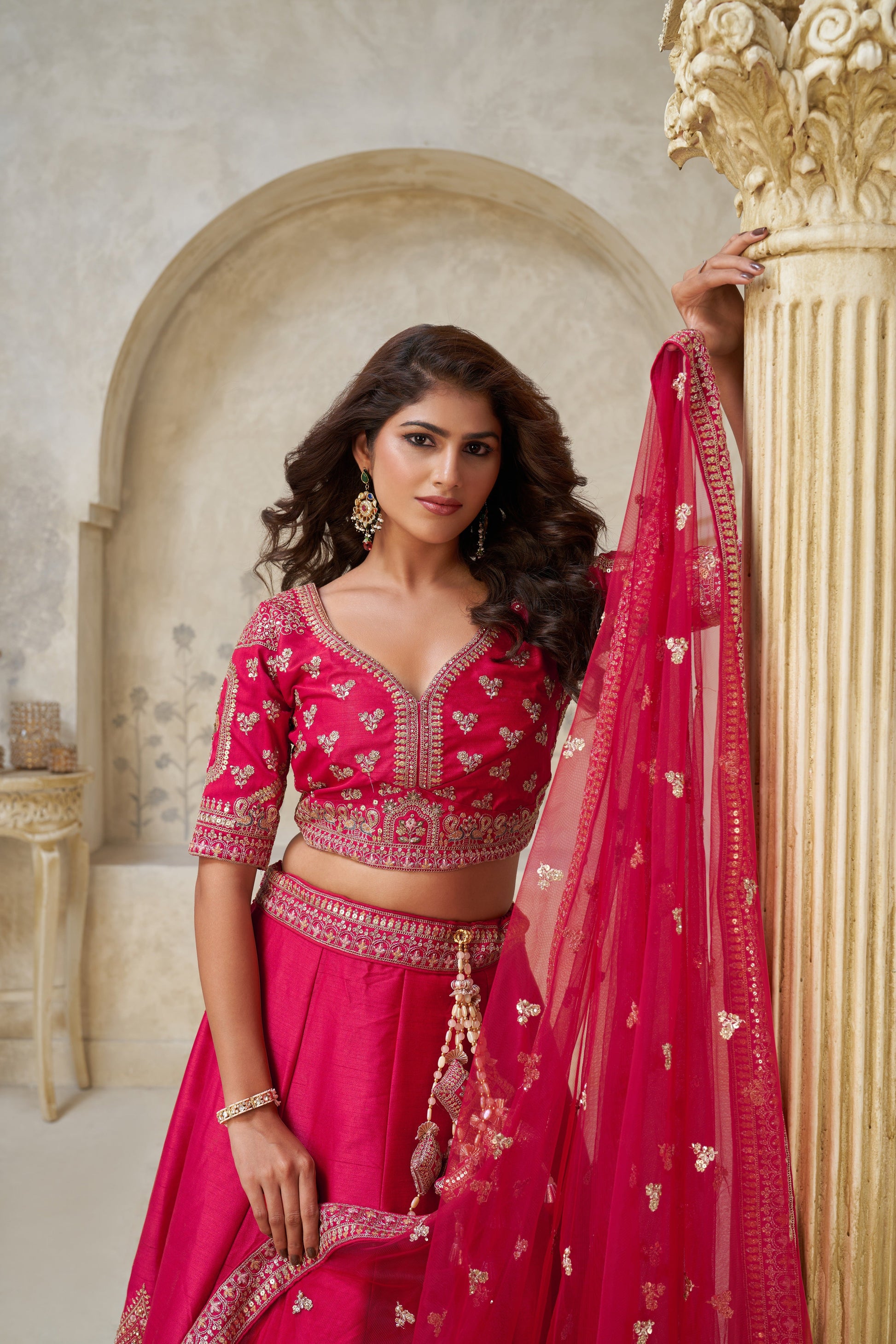 PINK WEDDING LEHENGA WITH INTRICATE LEAF EMBROIDERY