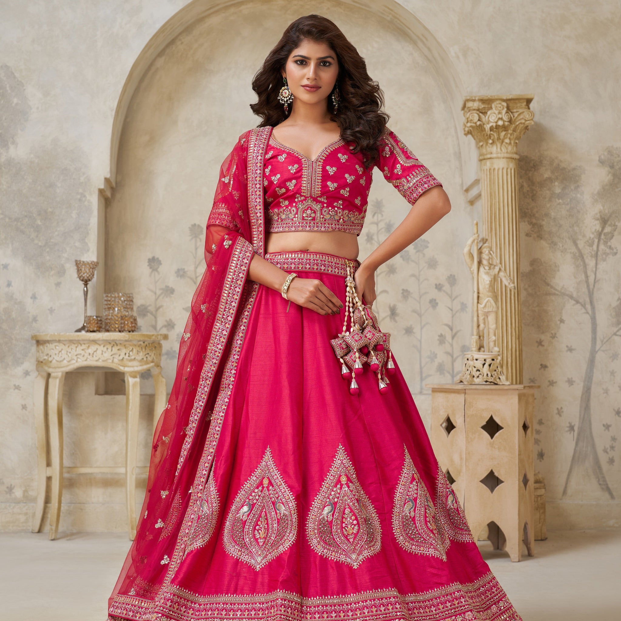 PINK WEDDING LEHENGA WITH INTRICATE LEAF EMBROIDERY
