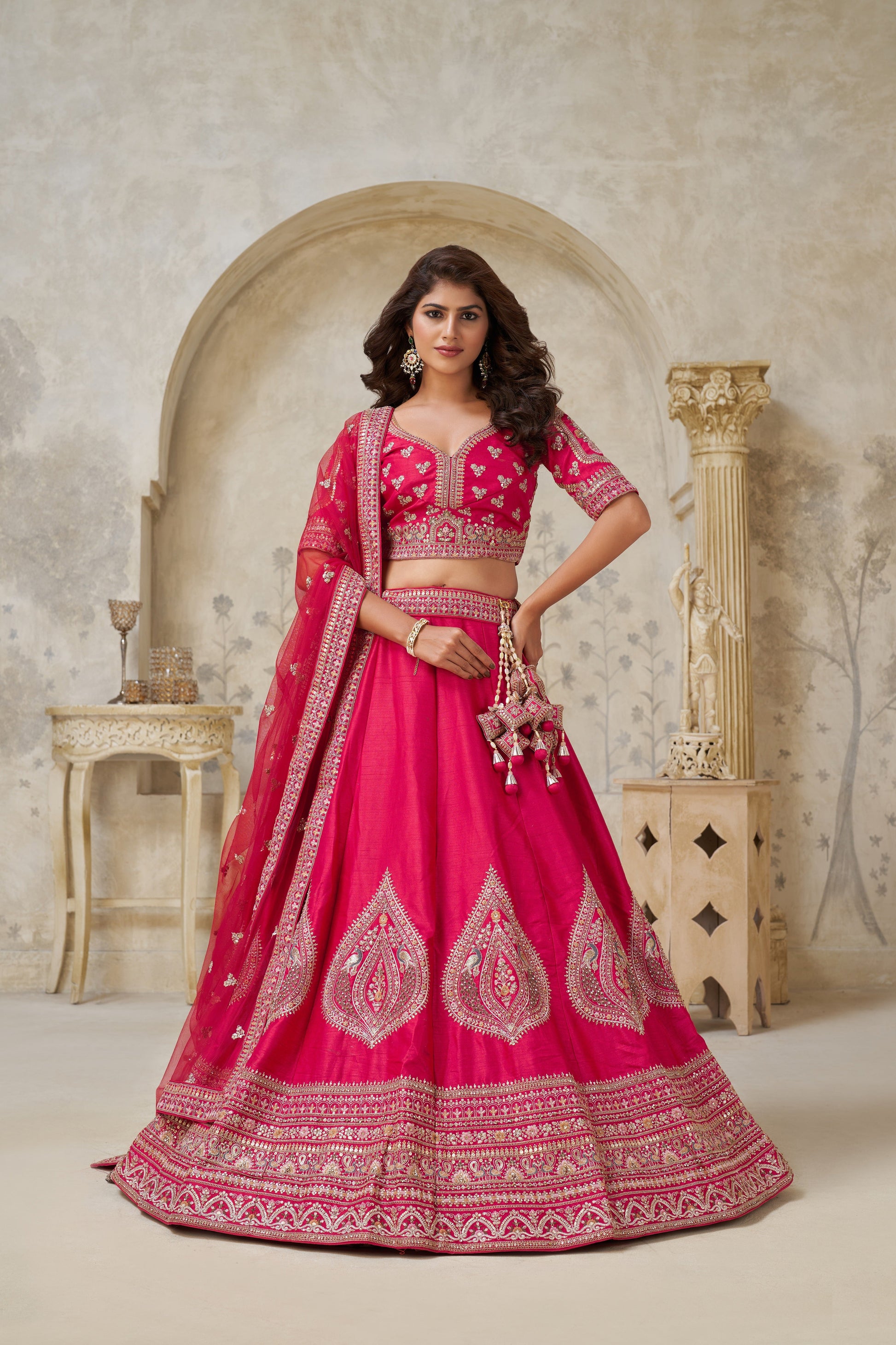 PINK WEDDING LEHENGA WITH INTRICATE LEAF EMBROIDERY