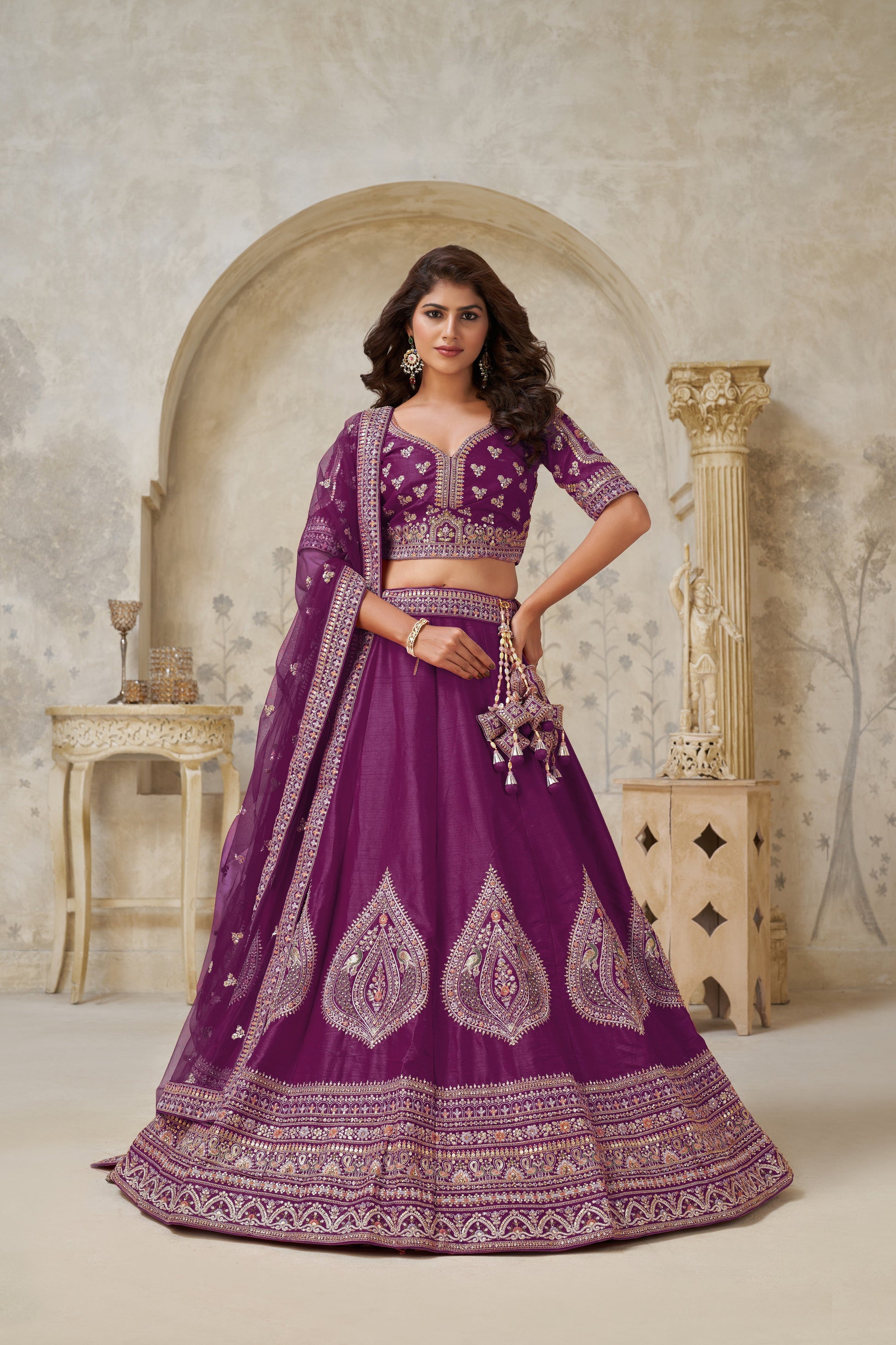 PREMIUM WINE LEHENGA WITH DELICATE LEAF MOTIF WORK