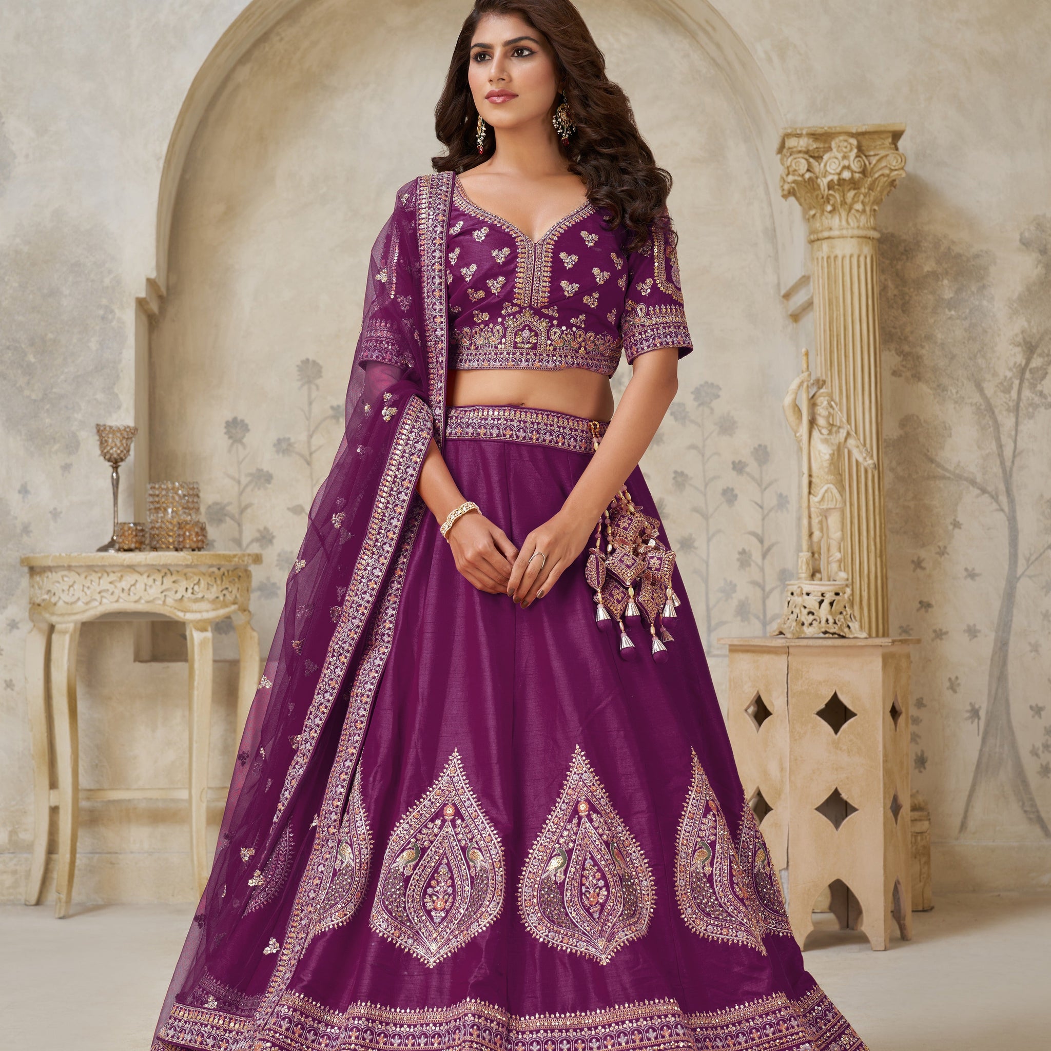 PREMIUM WINE LEHENGA WITH DELICATE LEAF MOTIF WORK