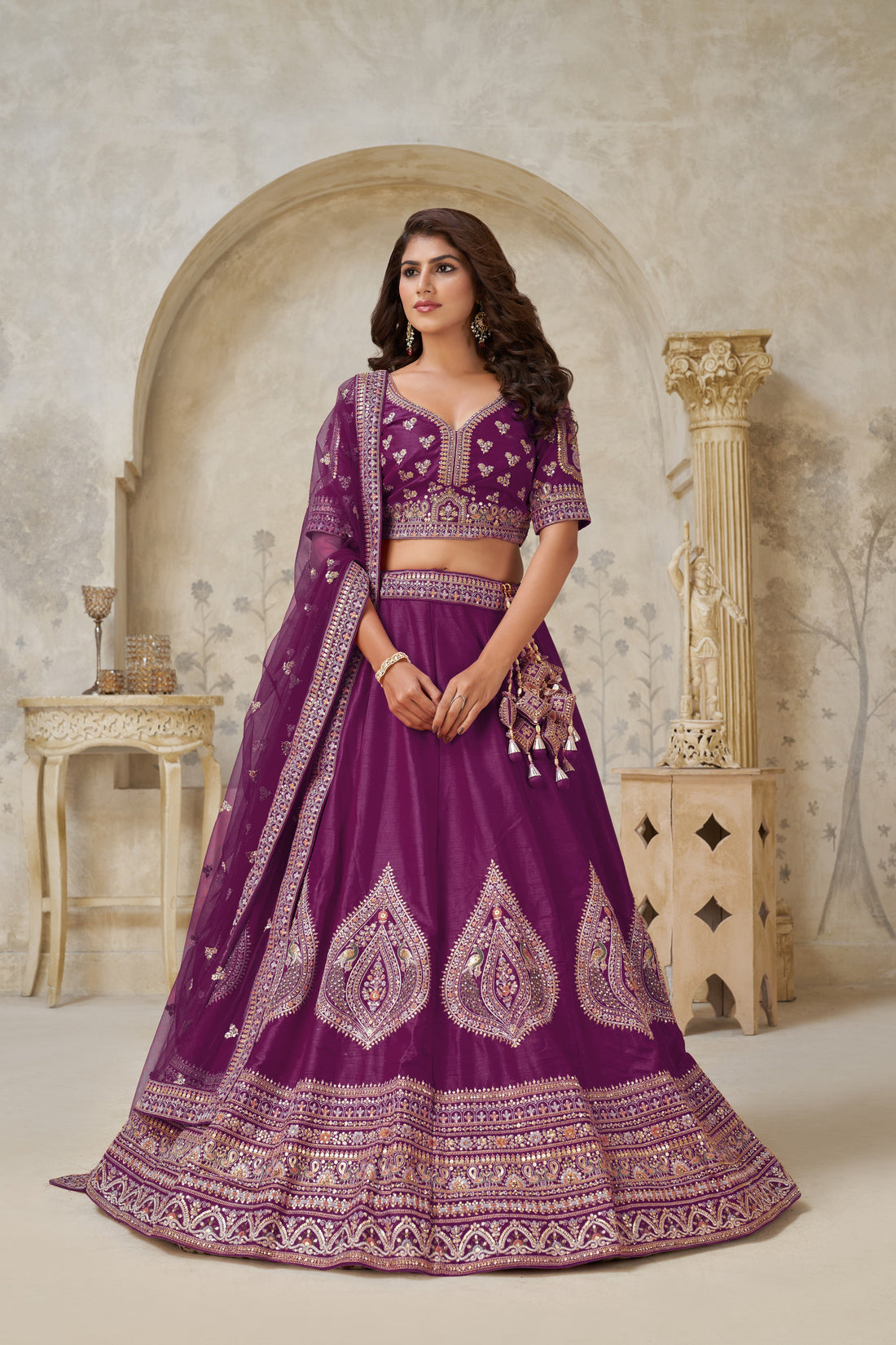 PREMIUM WINE LEHENGA WITH DELICATE LEAF MOTIF WORK