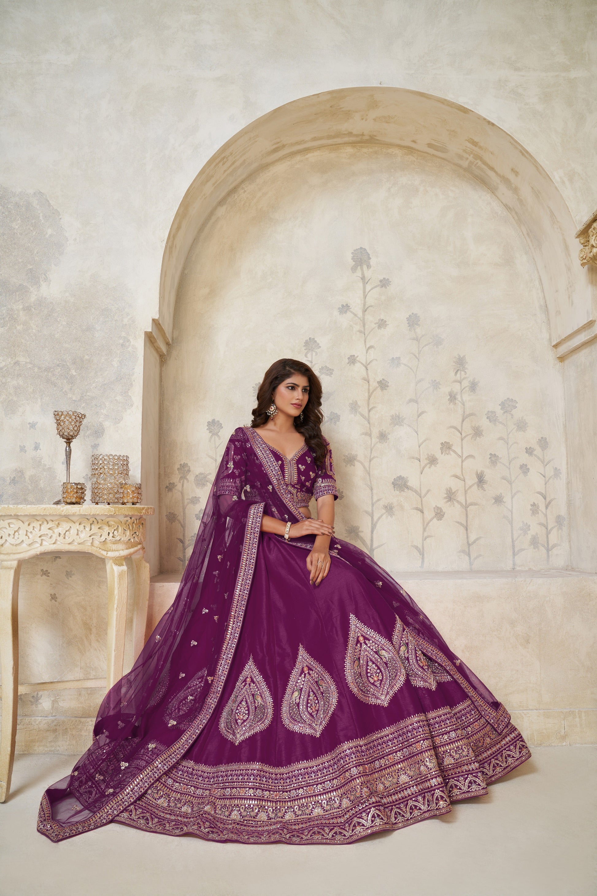 PREMIUM WINE LEHENGA WITH DELICATE LEAF MOTIF WORK