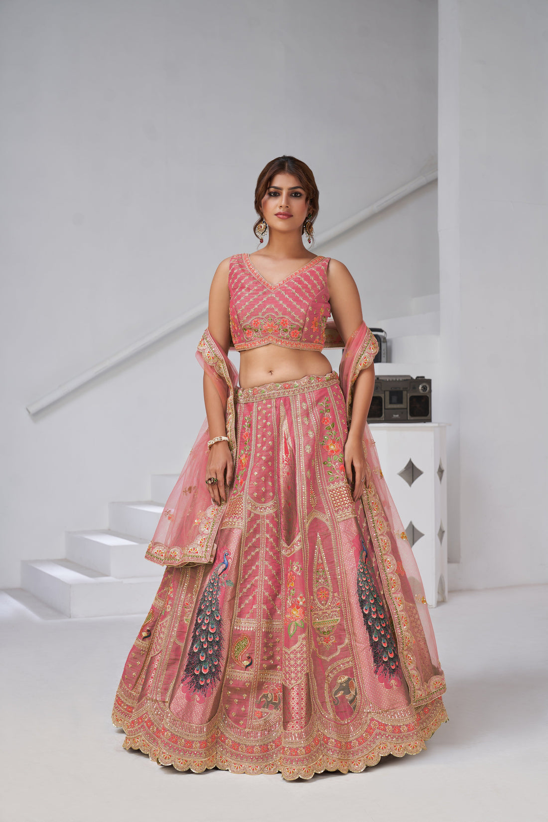DESIGNER PINK RAW SILK LEHENGA WITH PEACOCK FEATHER WORK