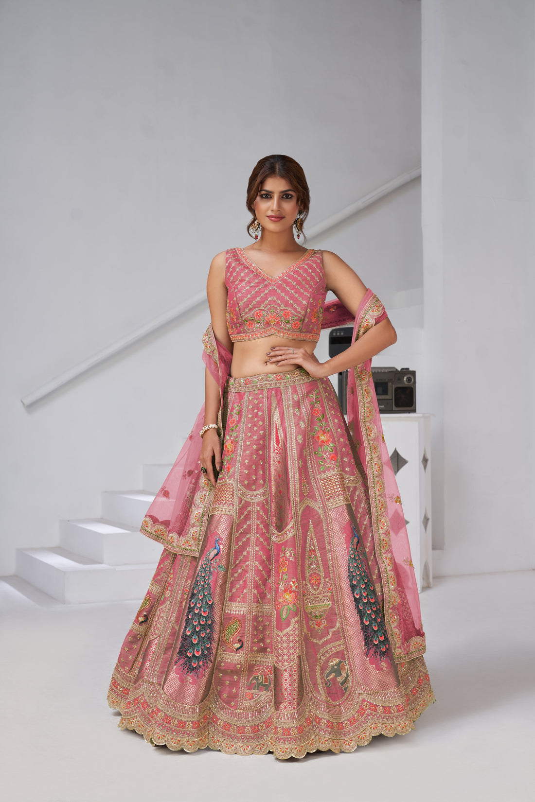 DESIGNER PINK RAW SILK LEHENGA WITH PEACOCK FEATHER WORK