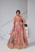DESIGNER PINK RAW SILK LEHENGA WITH PEACOCK FEATHER WORK