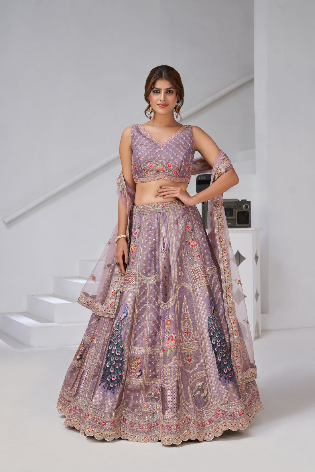 ROYAL RAW SILK PURPLE LEHENGA WITH PEACOCK FEATHER MOTIFS