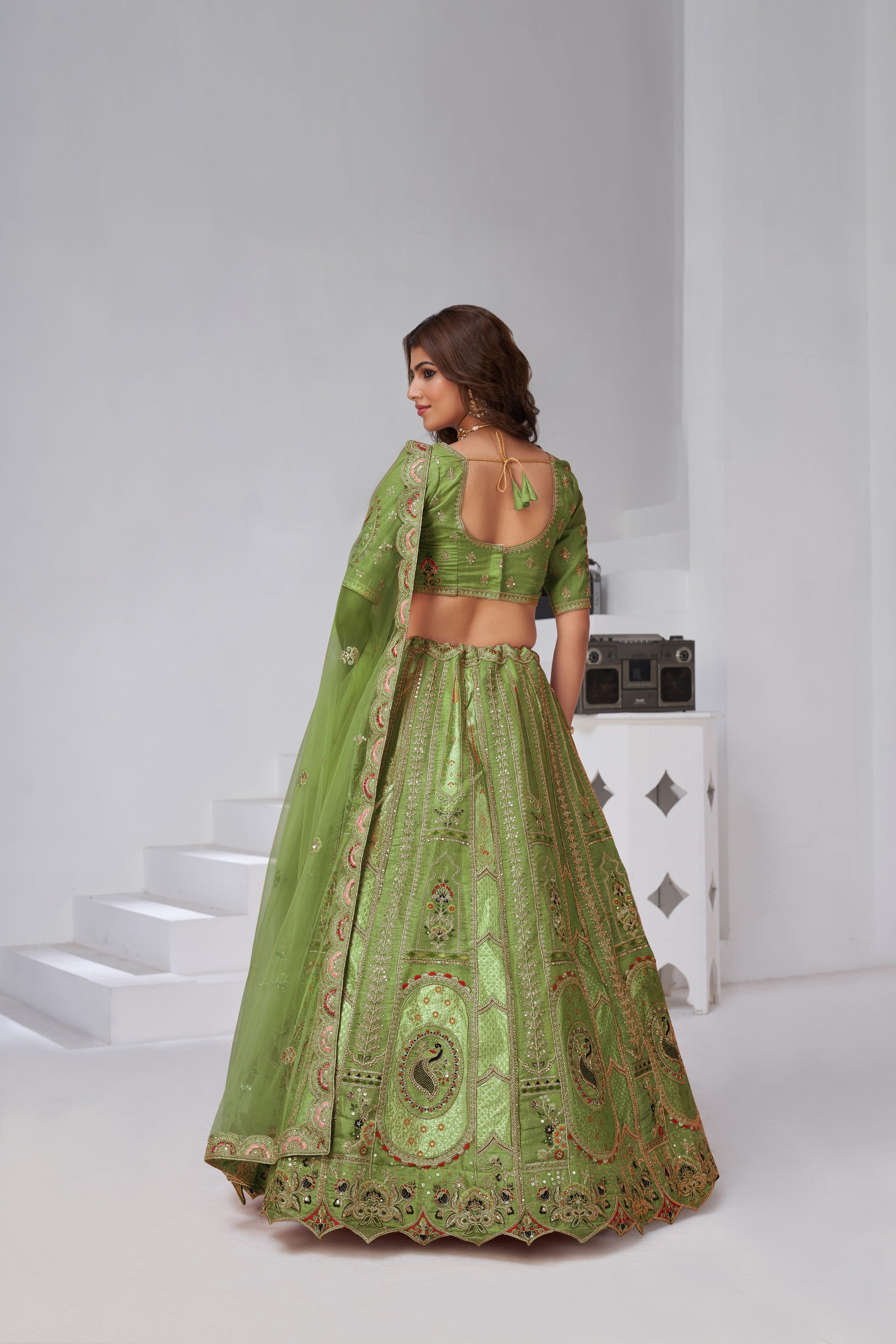 RAW SILK MEHNDI GREEN LEHENGA – FESTIVE GRACE COLLECTION