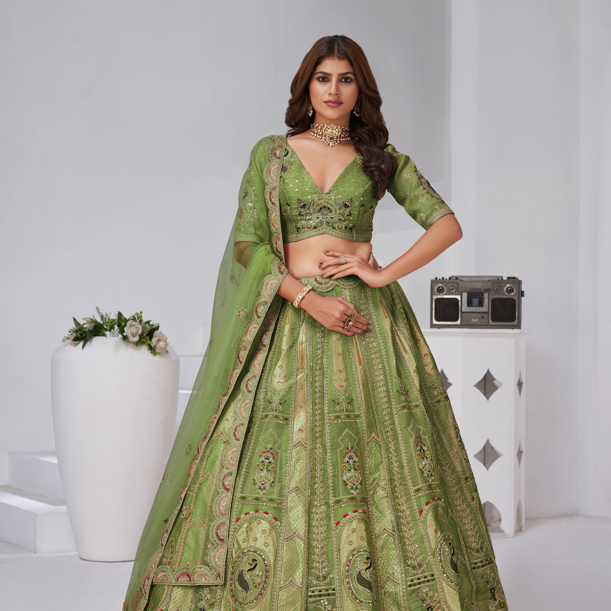 RAW SILK MEHNDI GREEN LEHENGA – FESTIVE GRACE COLLECTION