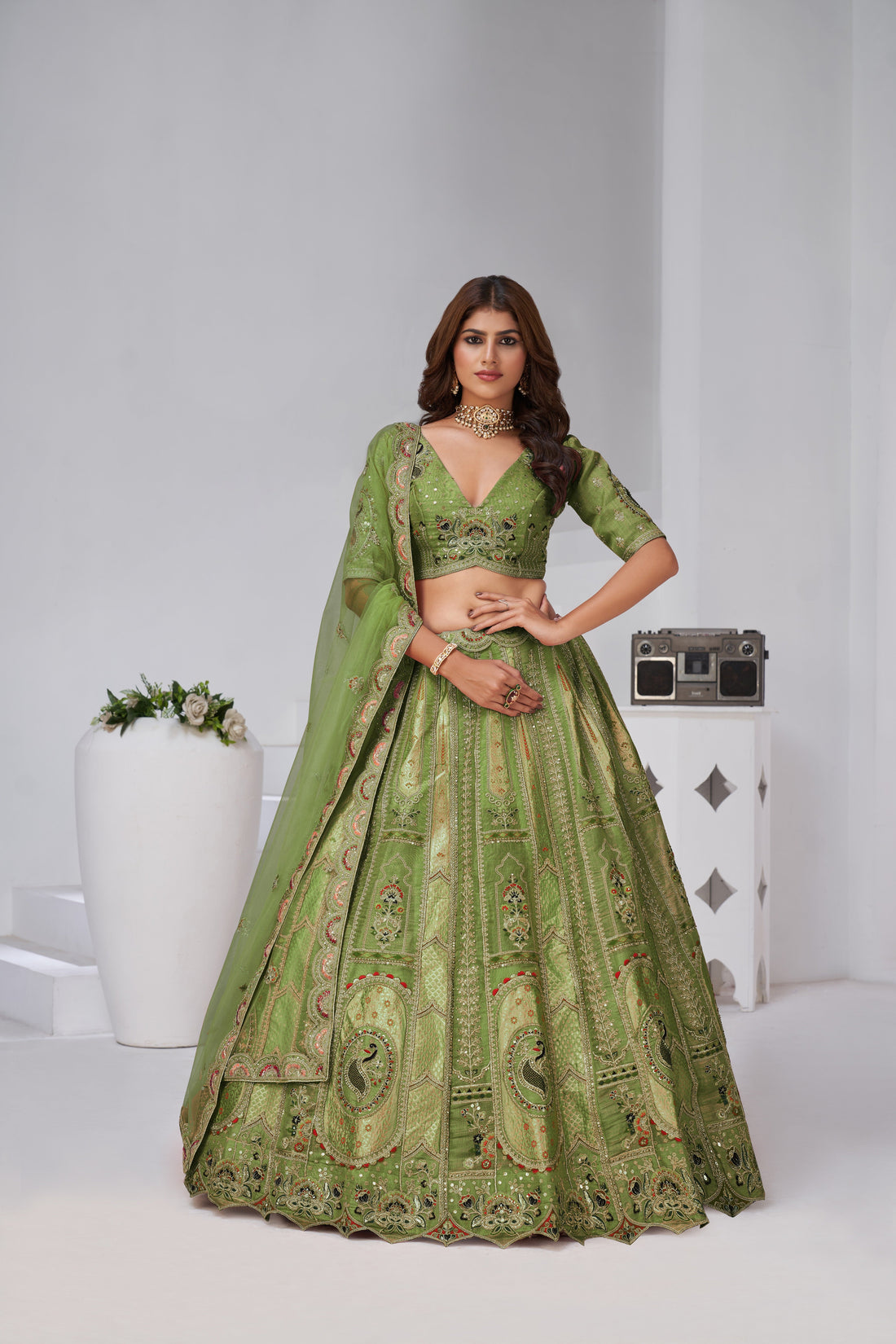 RAW SILK MEHNDI GREEN LEHENGA – FESTIVE GRACE COLLECTION