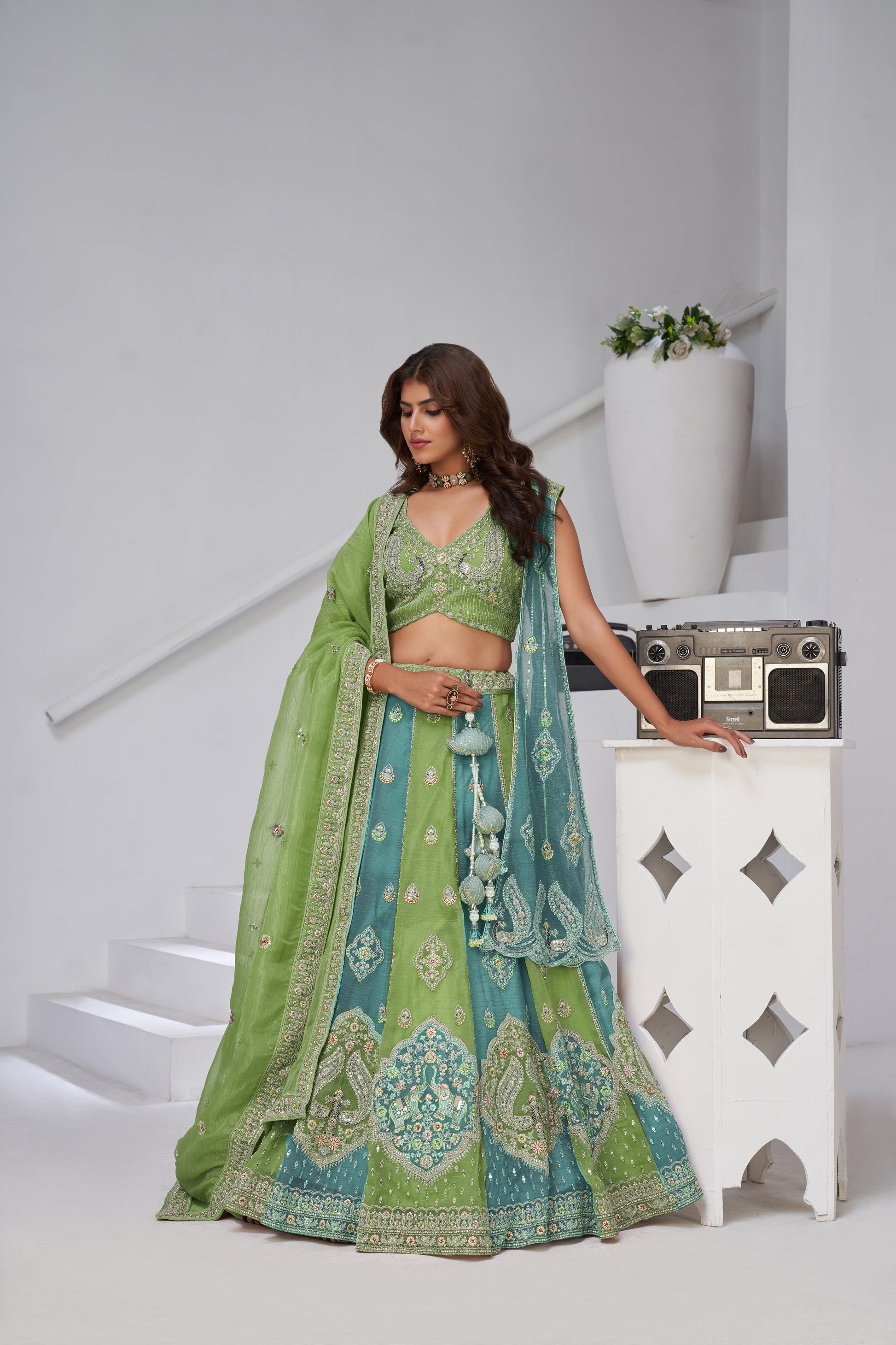 VIBRANT DUAL TONE GREEN & TURQUOISE LEHENGA WITH DOUBLE DUPATTAS