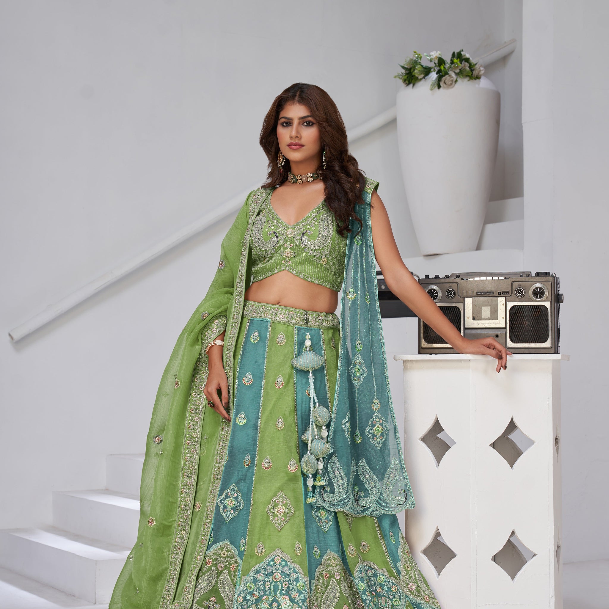 VIBRANT DUAL TONE GREEN & TURQUOISE LEHENGA WITH DOUBLE DUPATTAS