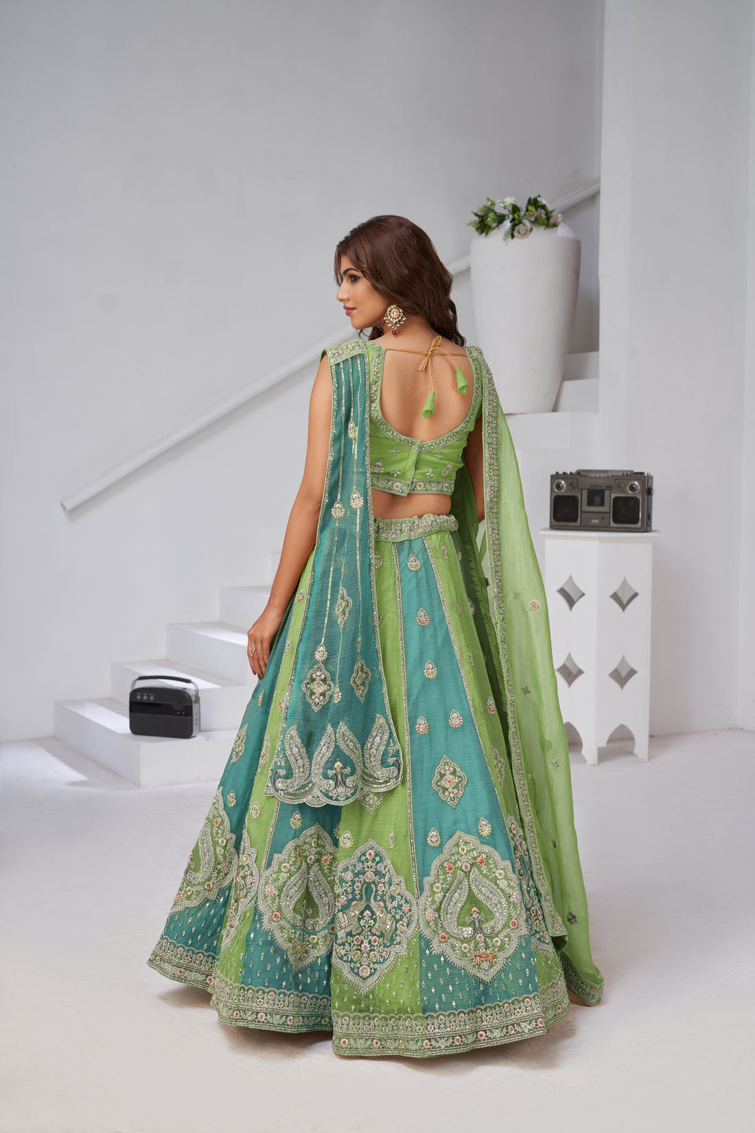 VIBRANT DUAL TONE GREEN & TURQUOISE LEHENGA WITH DOUBLE DUPATTAS