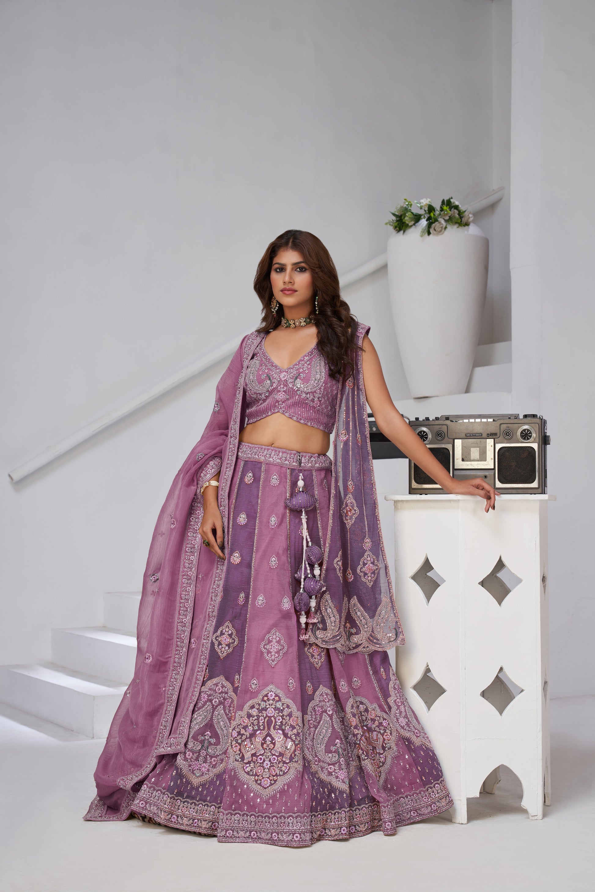 FESTIVE GLAM MAUVE & DARK PURPLE LEHENGA WITH DOUBLE LAYERED DUPATTAS