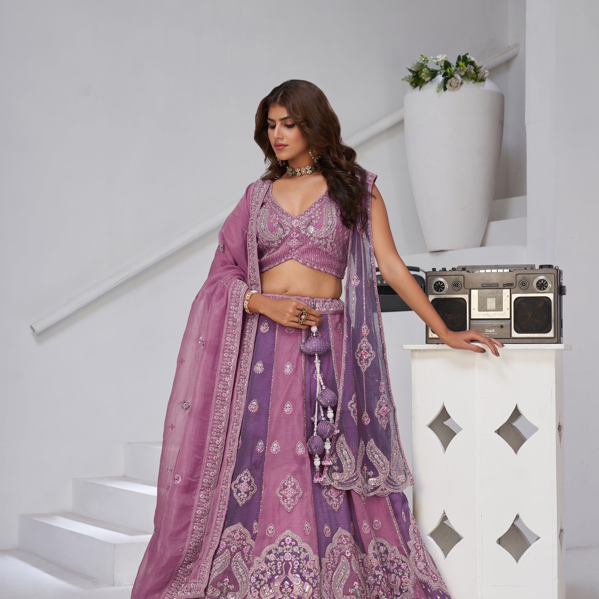 FESTIVE GLAM MAUVE & DARK PURPLE LEHENGA WITH DOUBLE LAYERED DUPATTAS