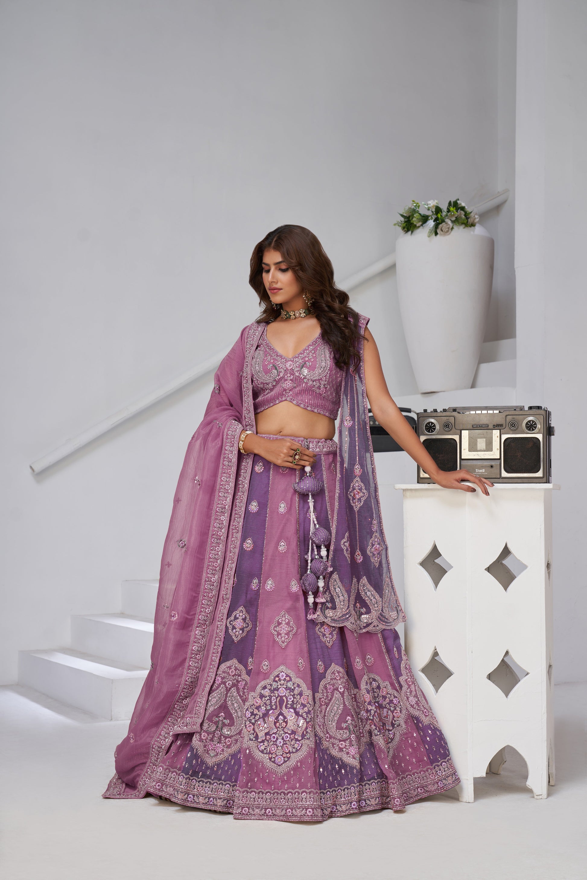 FESTIVE GLAM MAUVE & DARK PURPLE LEHENGA WITH DOUBLE LAYERED DUPATTAS