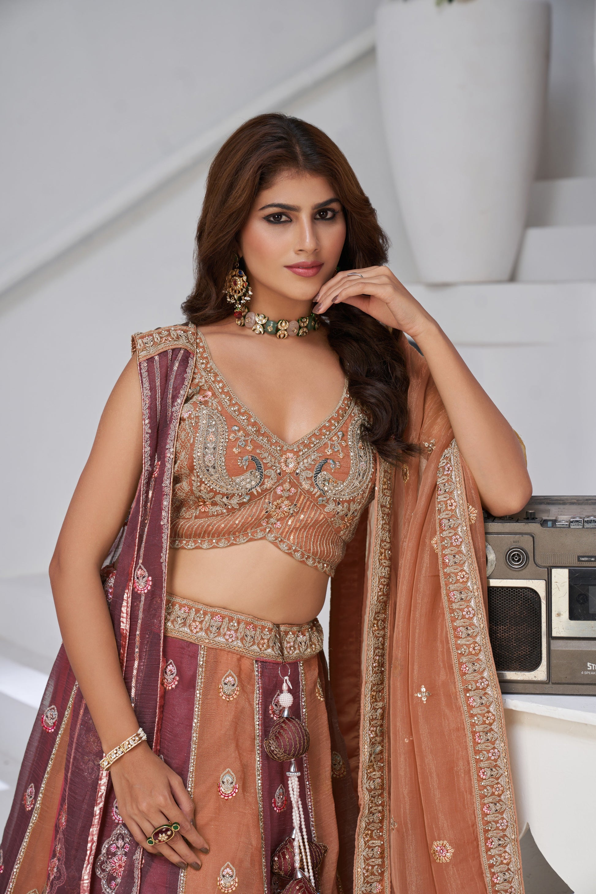 TWO SHADES OF ELEGANCE – RUST & DARK RUST LEHENGA WITH DOUBLE DUPATTAS