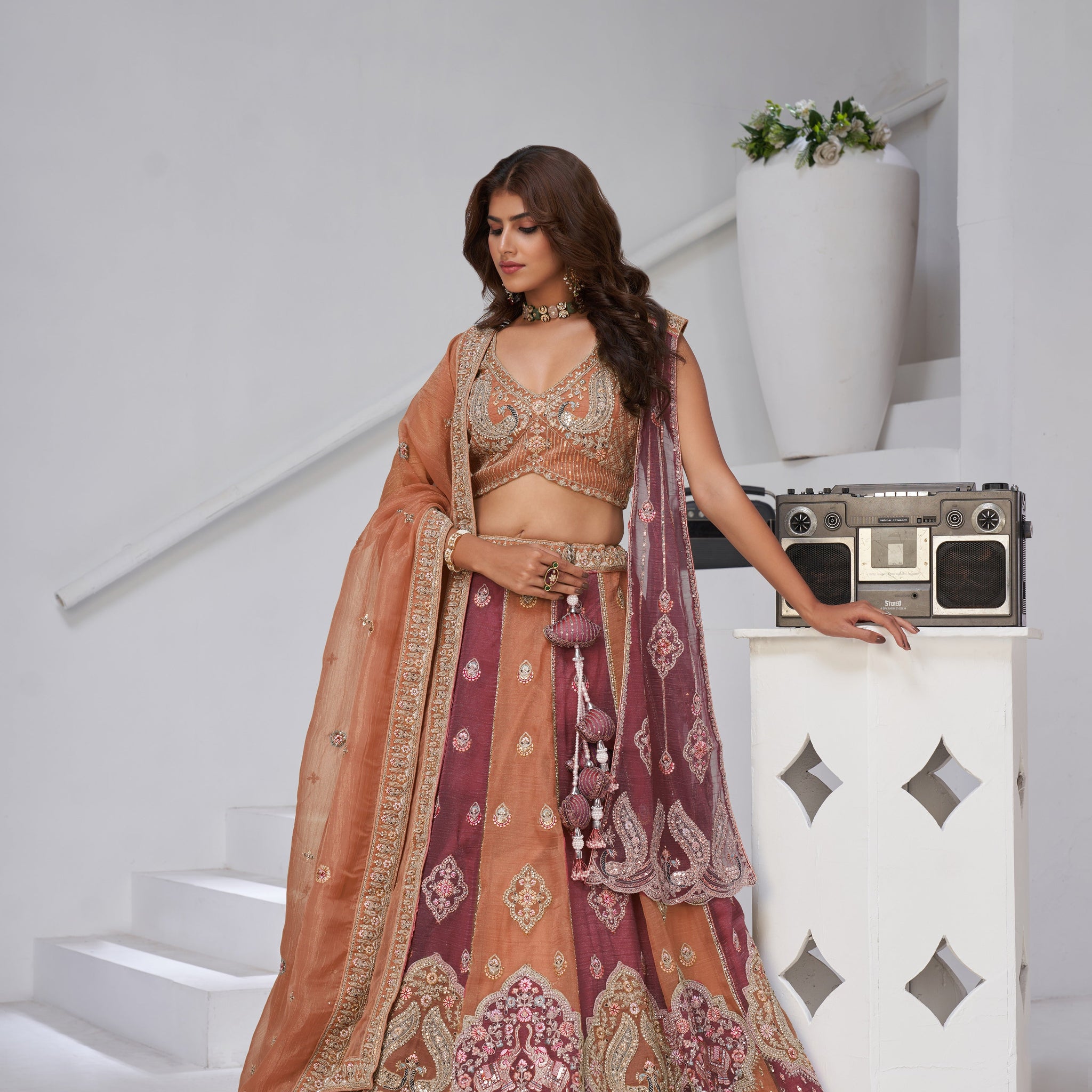 TWO SHADES OF ELEGANCE – RUST & DARK RUST LEHENGA WITH DOUBLE DUPATTAS