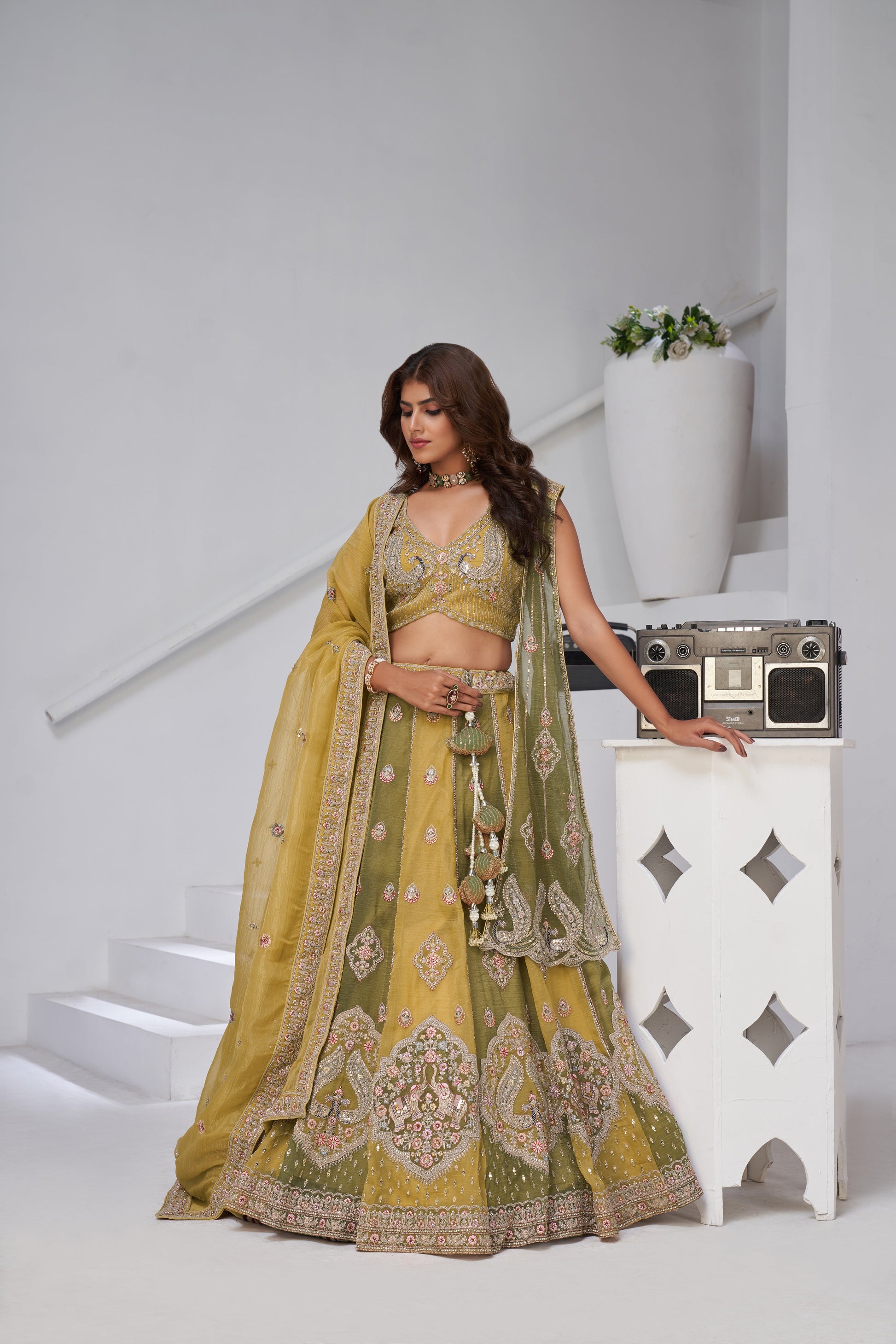MUSTARD & GREEN DOUBLE DUPATTA LEHENGA – TRADITIONAL ELEGANCE