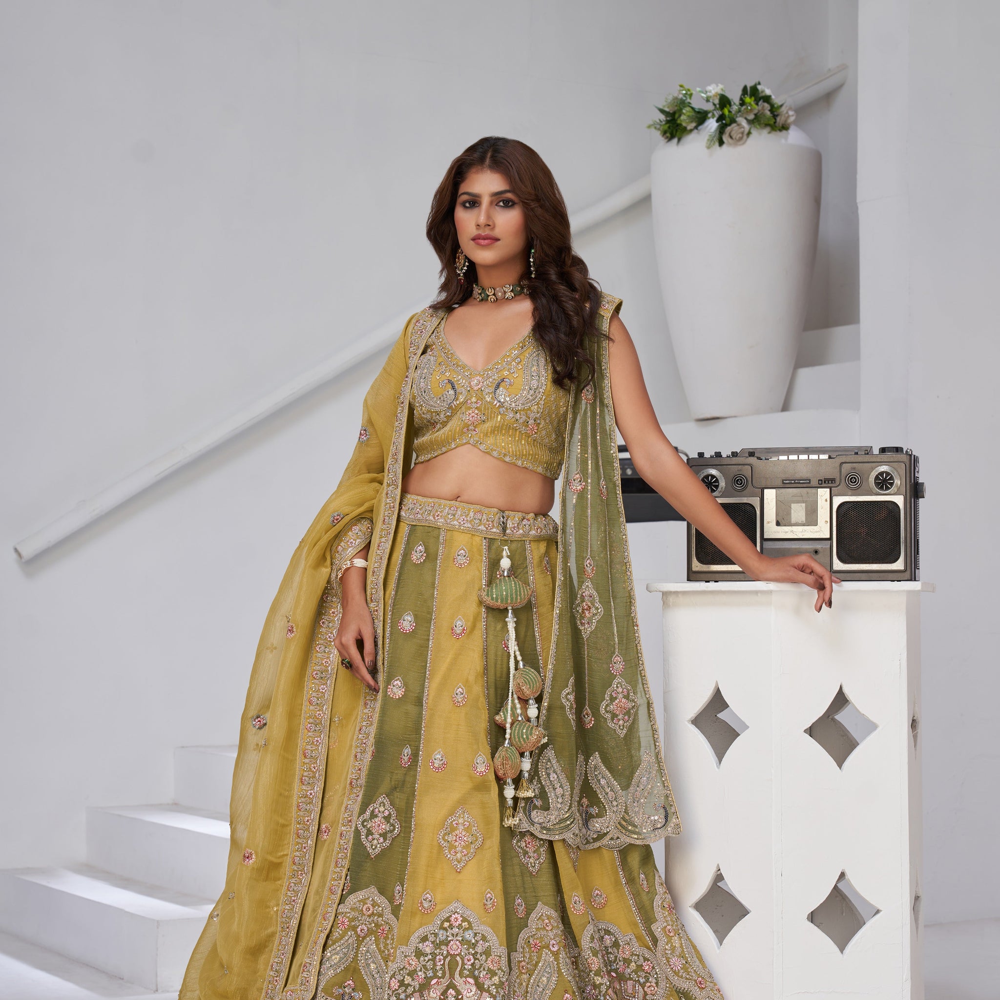 MUSTARD & GREEN DOUBLE DUPATTA LEHENGA – TRADITIONAL ELEGANCE