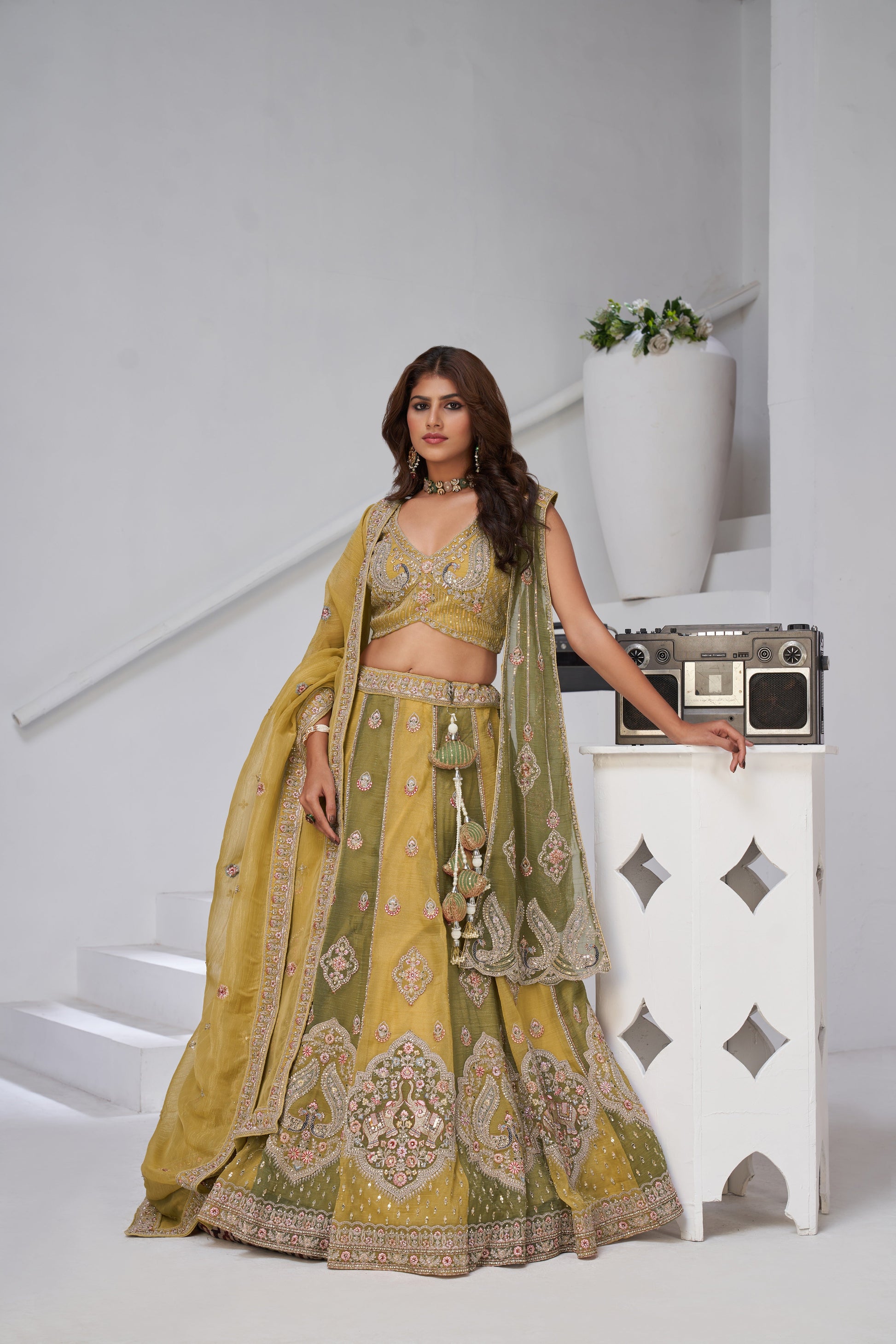 MUSTARD & GREEN DOUBLE DUPATTA LEHENGA – TRADITIONAL ELEGANCE
