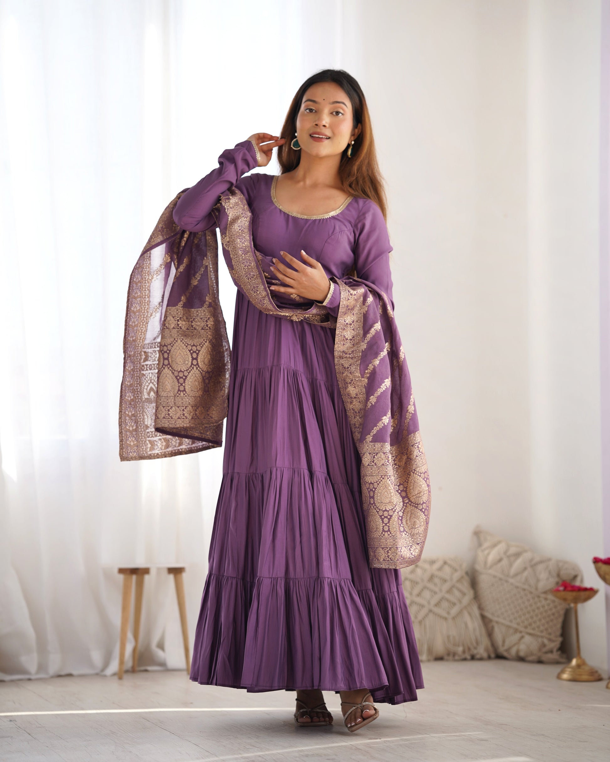 LAVENDER HEAVY ROMAN SILK CHANDERI ANARKALI SUIT SET