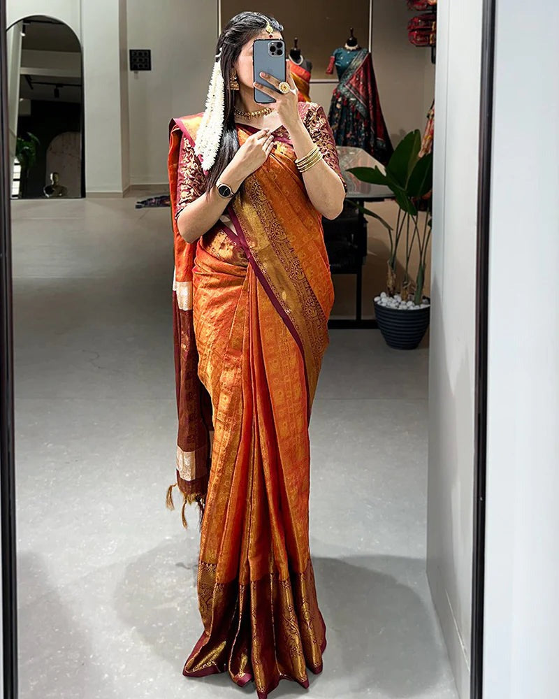 DESIGNER ORANGE COLOR KANJIVARAM SAREE WITH ZARI WORK