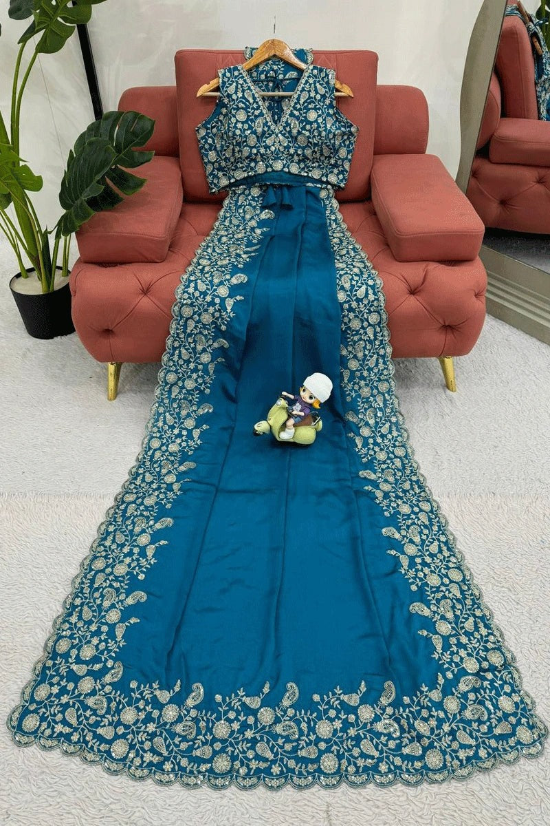 BEAUTIFUL BLUE SAREE IN EMBROIDERY THREAD AND SEQUENCE WORK