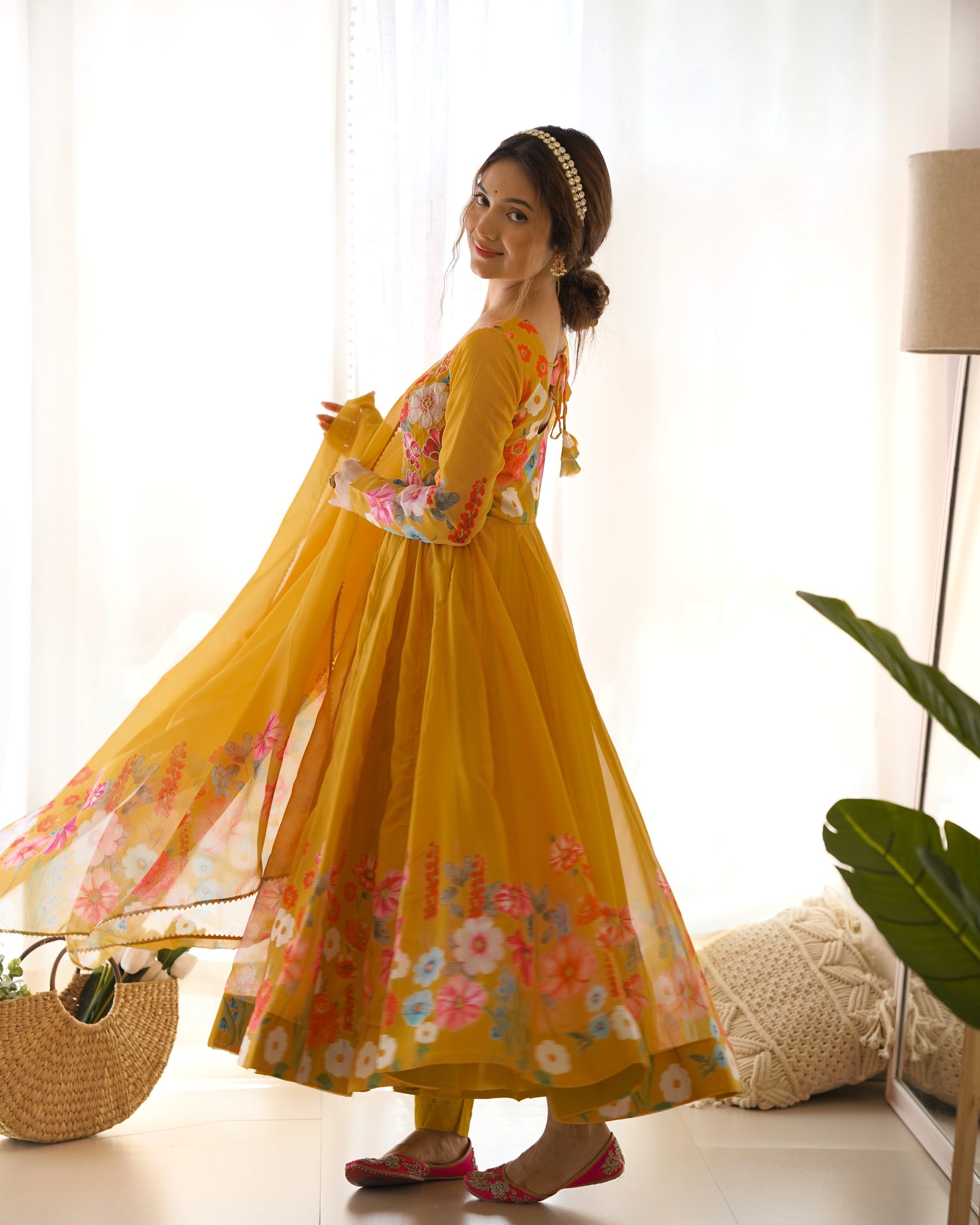 YELLOW FLORAL PRINT ORGANZA THREE PIECE ANARKALI SUIT