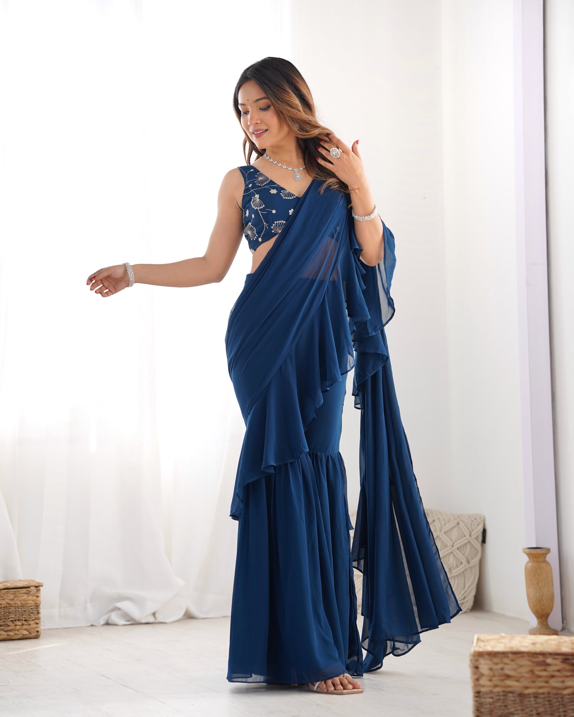 TEAL BLUE COLOR FAUX GEORGETTE FANCY SHARARA SAREE