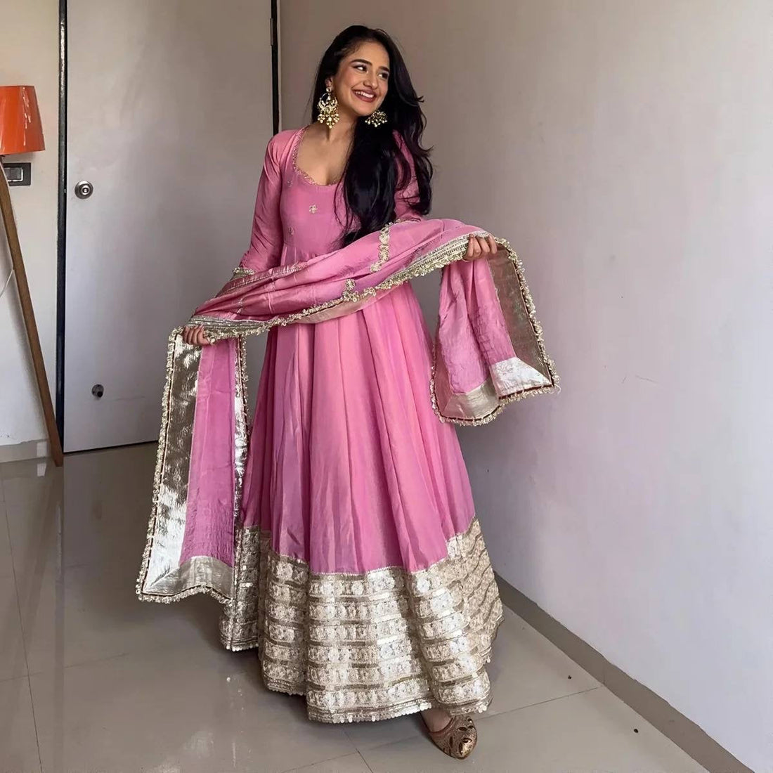 ELEGANT PINK CHINON ANARKALI SUIT SET