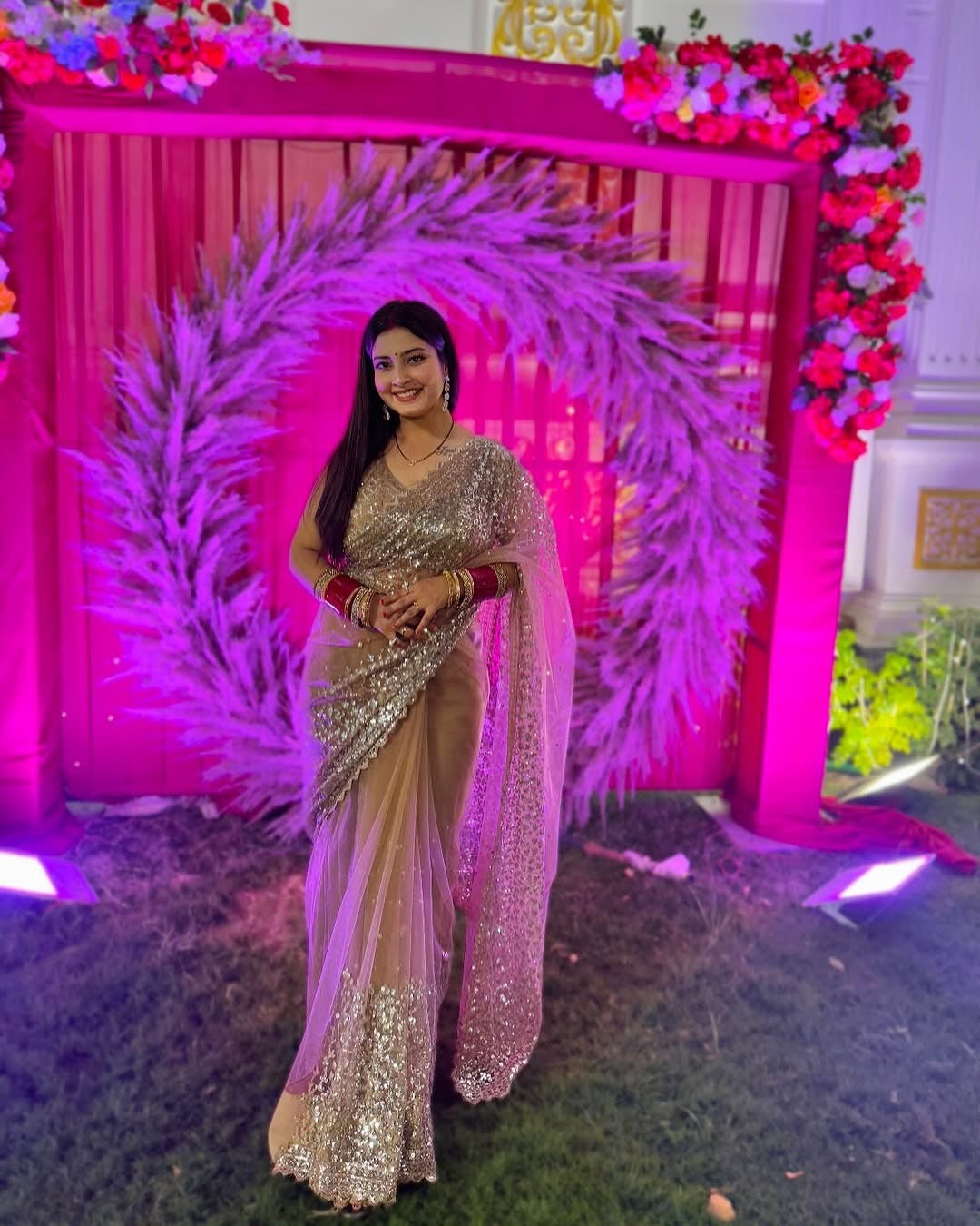 KRITIKA SINGH IN GOLDEN SOFT NET BEAUTIFUL DESIGNER SAREE