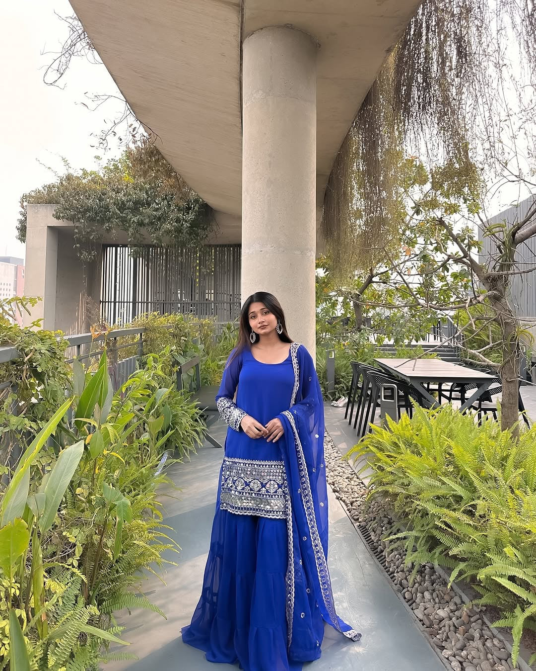 BLUE COLOR GEORGETTE BASE EMBROIDERED WORK SHARARA SUIT SET OF 3