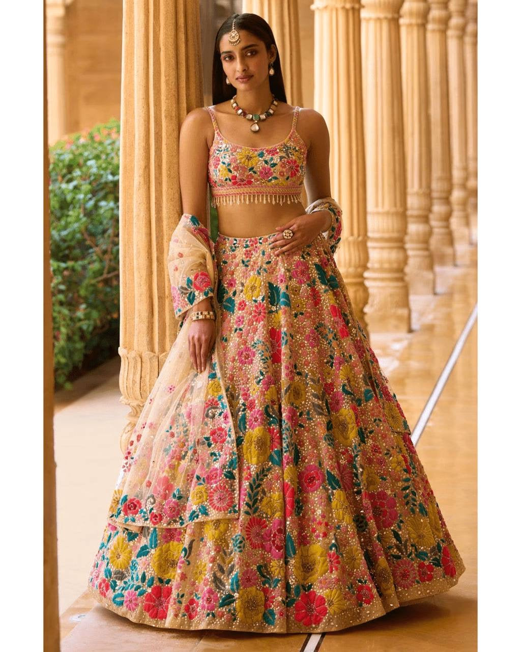 MULTI COLOURED FLORAL APPLIQUE LEHENGA SET